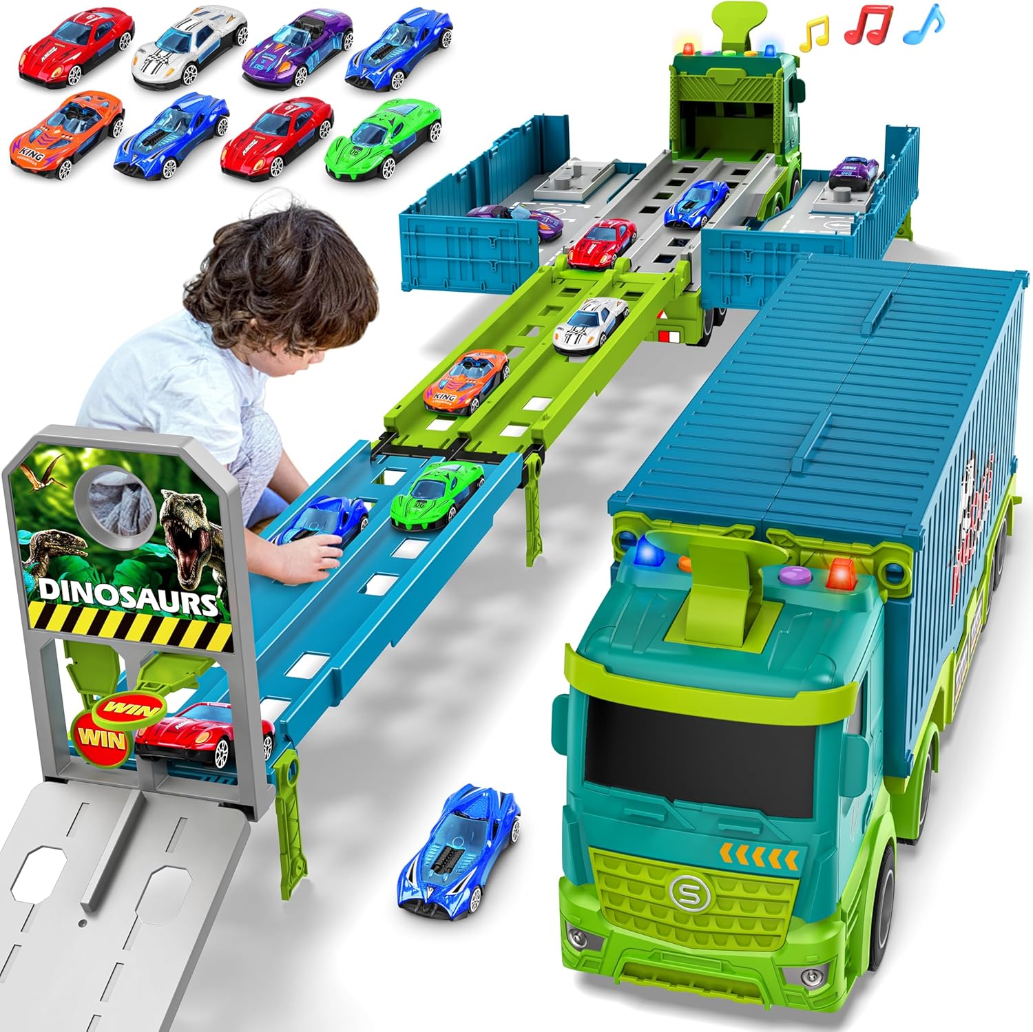 Piste de Course avec Camion Transporteur, Jouet 3 Couches, 8 Voitures de Course Incluses, Cadeau Enfant 3-6 Ans, Jouet Pliable pour Garçons et Filles King of Toys