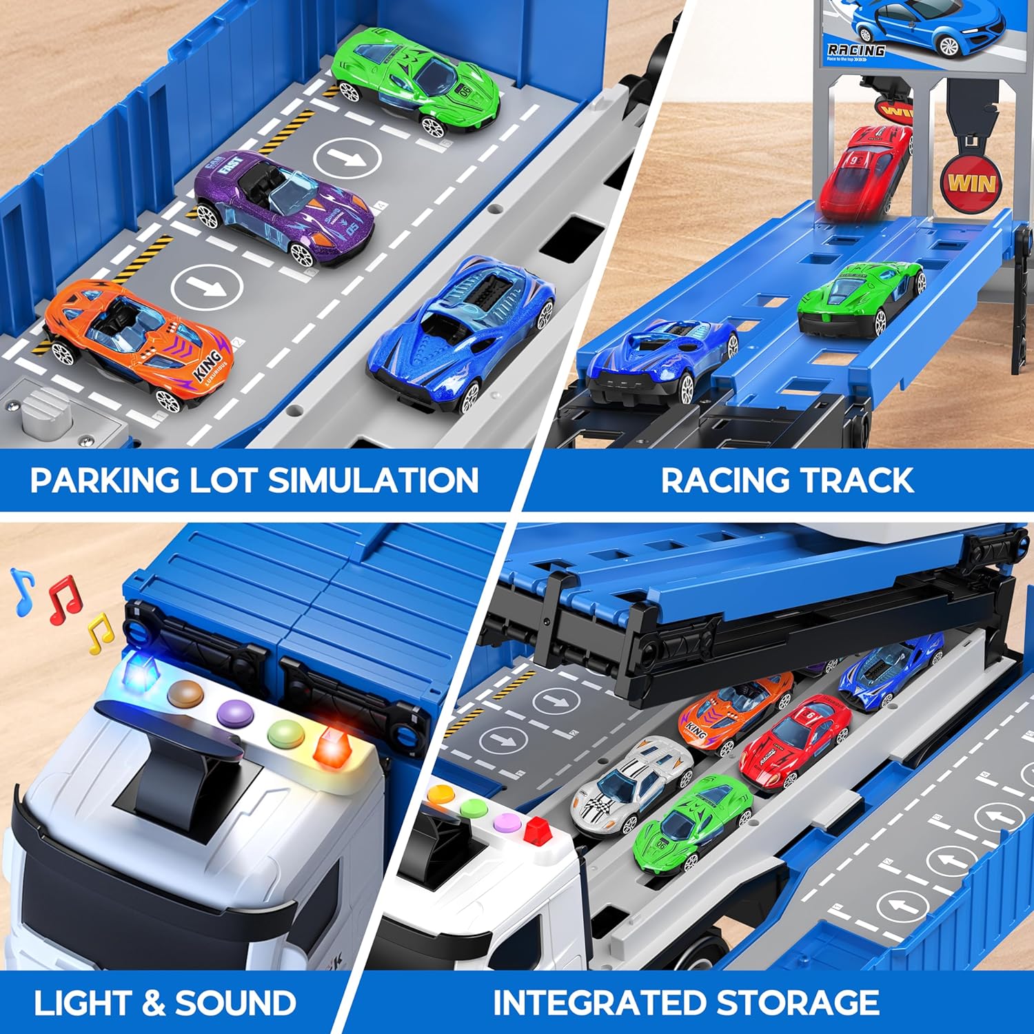Piste de Course avec Camion Transporteur, Jouet 3 Couches, 8 Voitures de Course Incluses, Cadeau Enfant 3-6 Ans, Jouet Pliable pour Garçons et Filles King of Toys