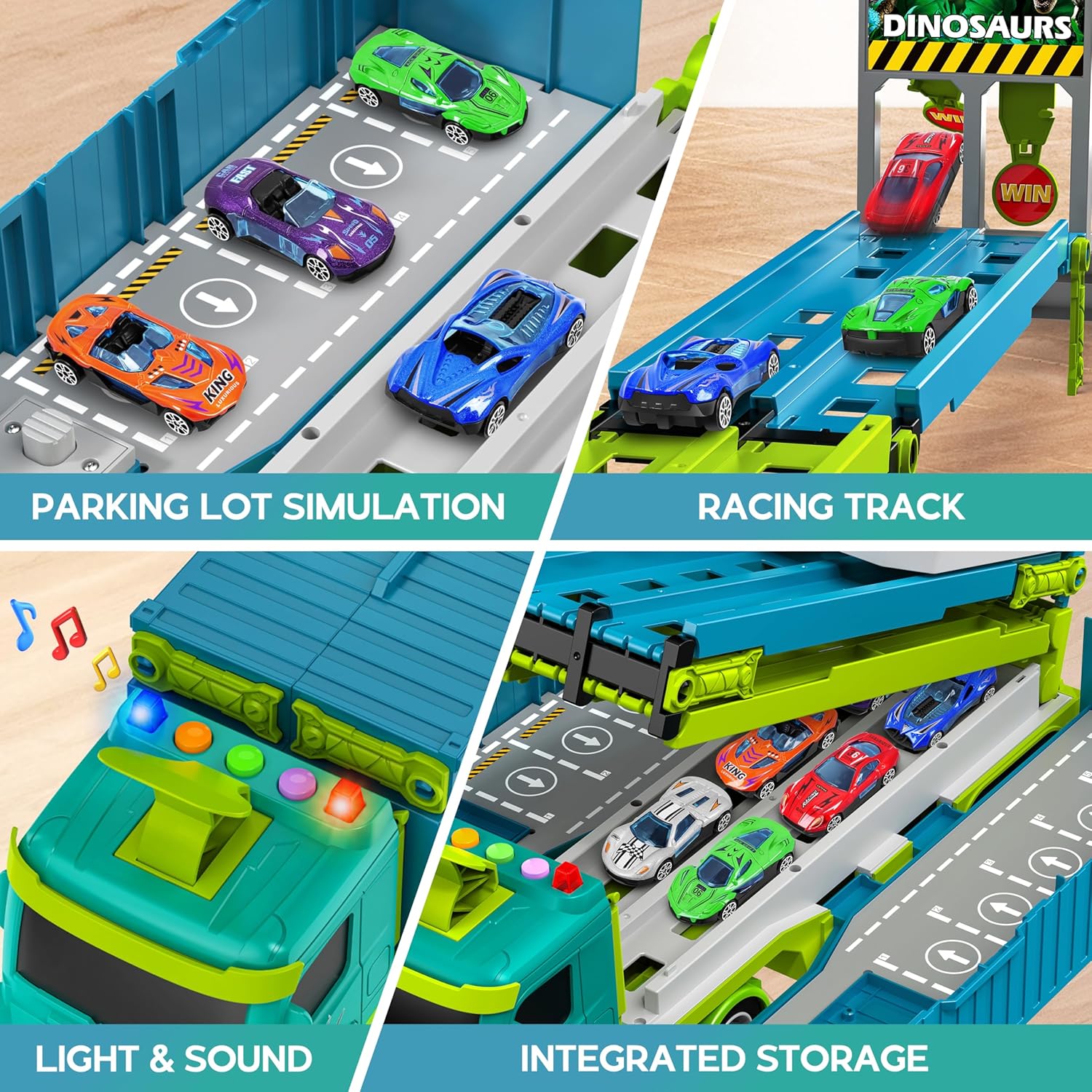 Piste de Course avec Camion Transporteur, Jouet 3 Couches, 8 Voitures de Course Incluses, Cadeau Enfant 3-6 Ans, Jouet Pliable pour Garçons et Filles King of Toys
