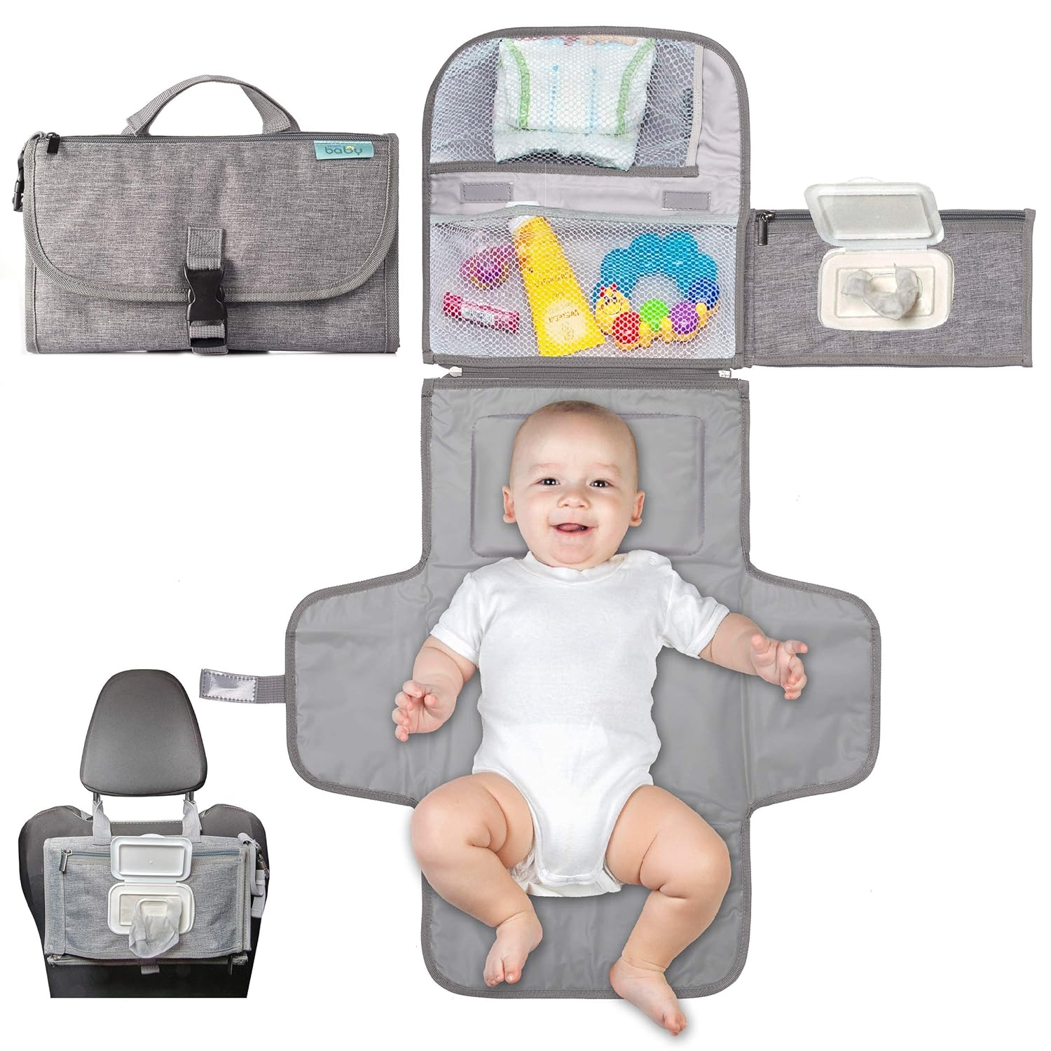 Matelas à Langer Portable Pliable pour Bébé - Kit de Voyage 3-en-1 avec Poches et Tapis à Langer Imperméable pour Nouveau-Né
