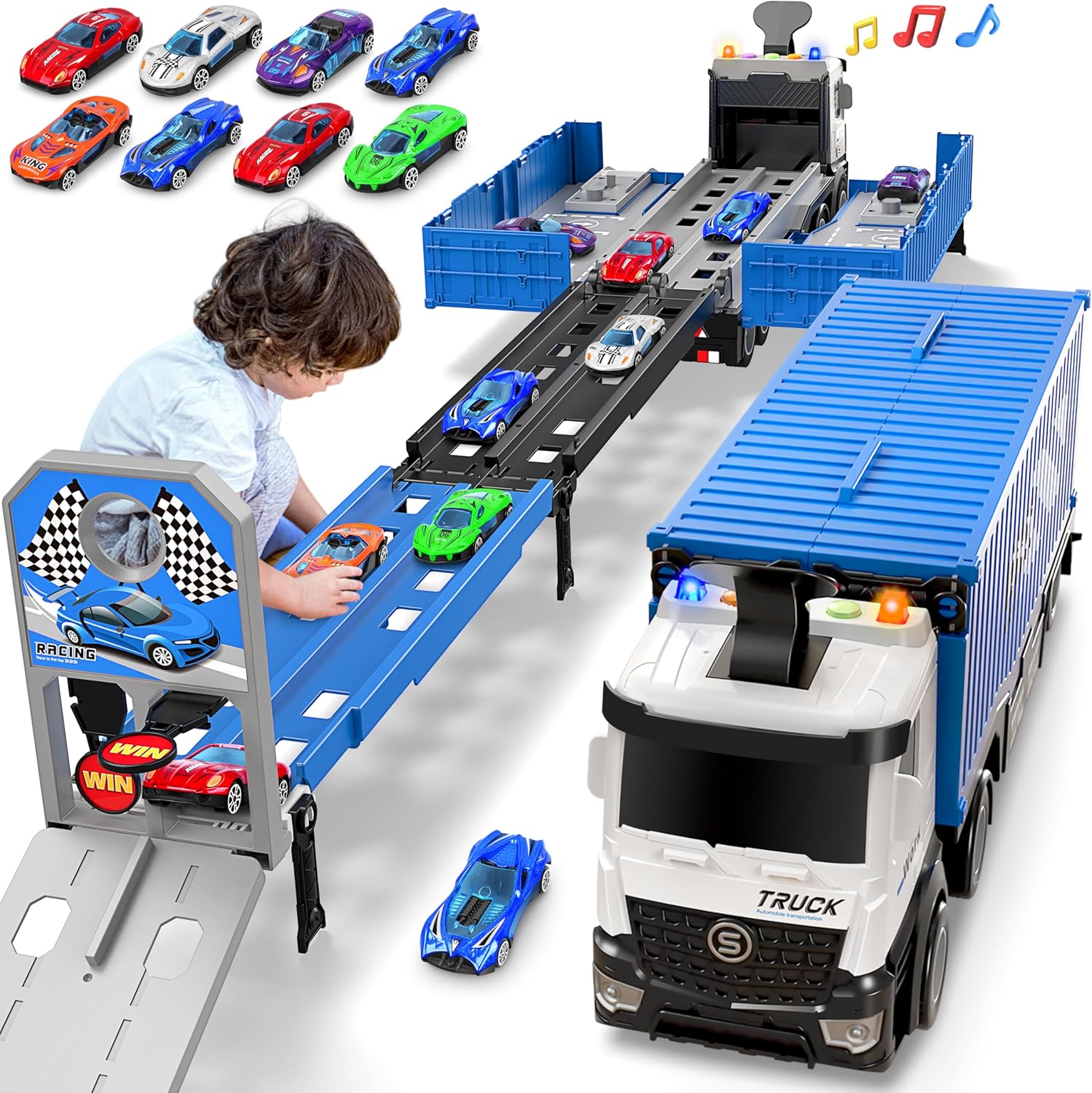 Piste de Course avec Camion Transporteur, Jouet 3 Couches, 8 Voitures de Course Incluses, Cadeau Enfant 3-6 Ans, Jouet Pliable pour Garçons et Filles King of Toys
