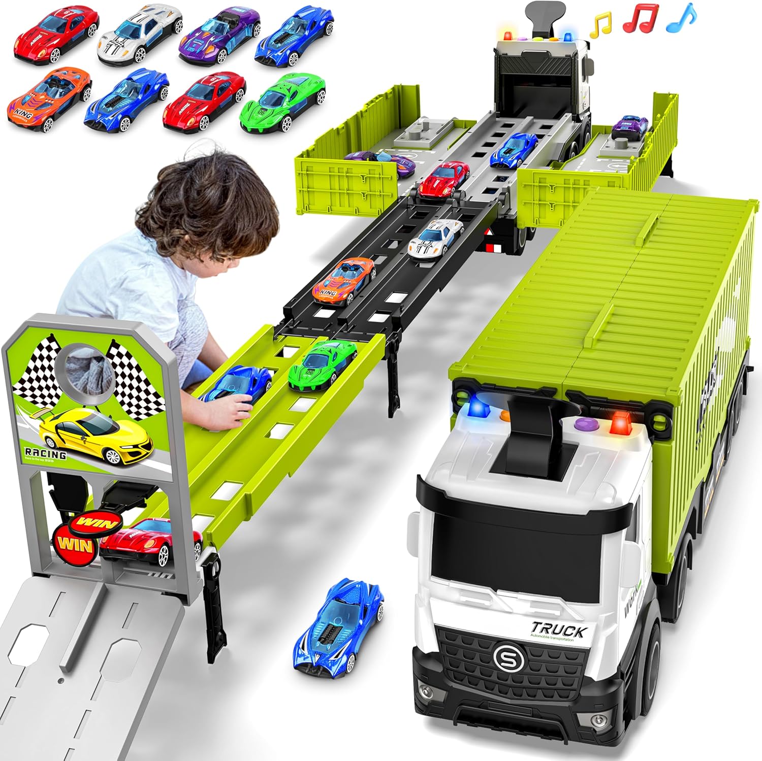 Piste de Course avec Camion Transporteur, Jouet 3 Couches, 8 Voitures de Course Incluses, Cadeau Enfant 3-6 Ans, Jouet Pliable pour Garçons et Filles King of Toys