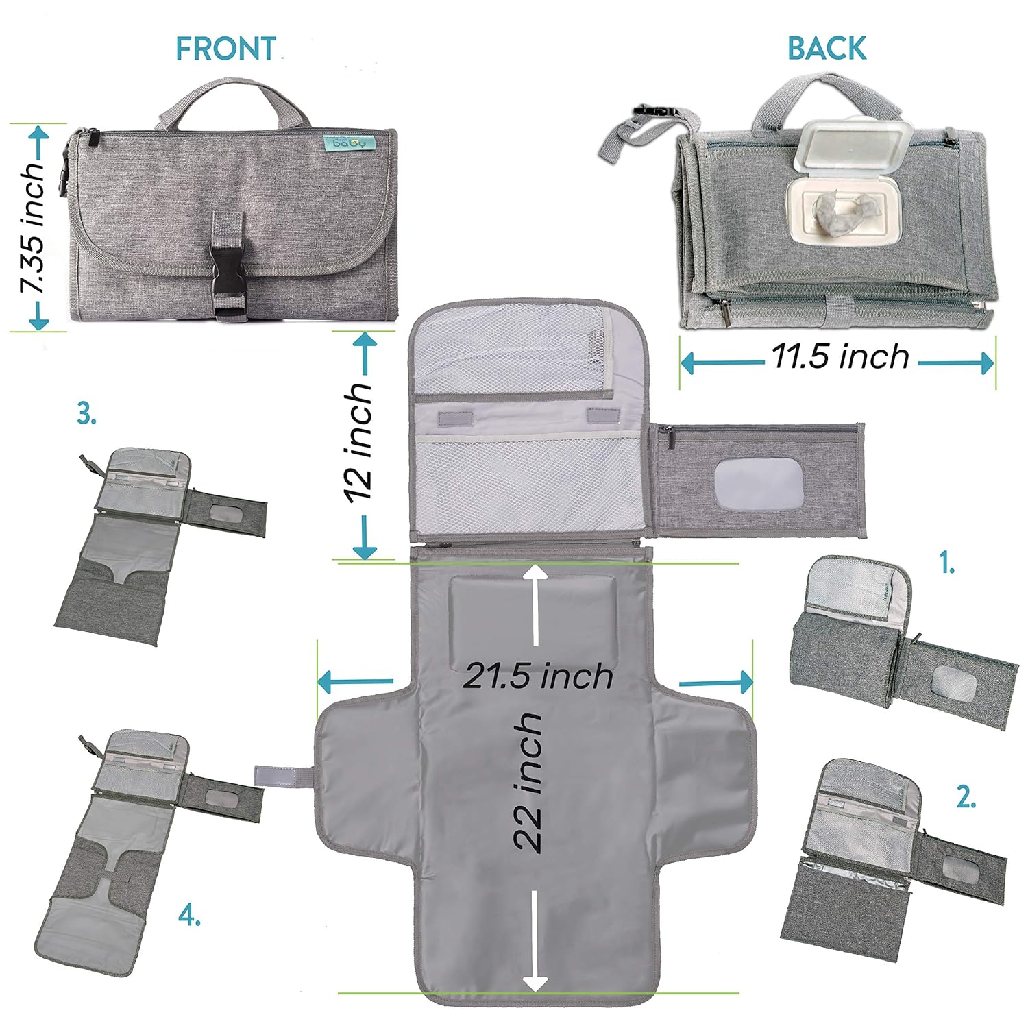 Matelas à Langer Portable Pliable pour Bébé - Kit de Voyage 3-en-1 avec Poches et Tapis à Langer Imperméable pour Nouveau-Né