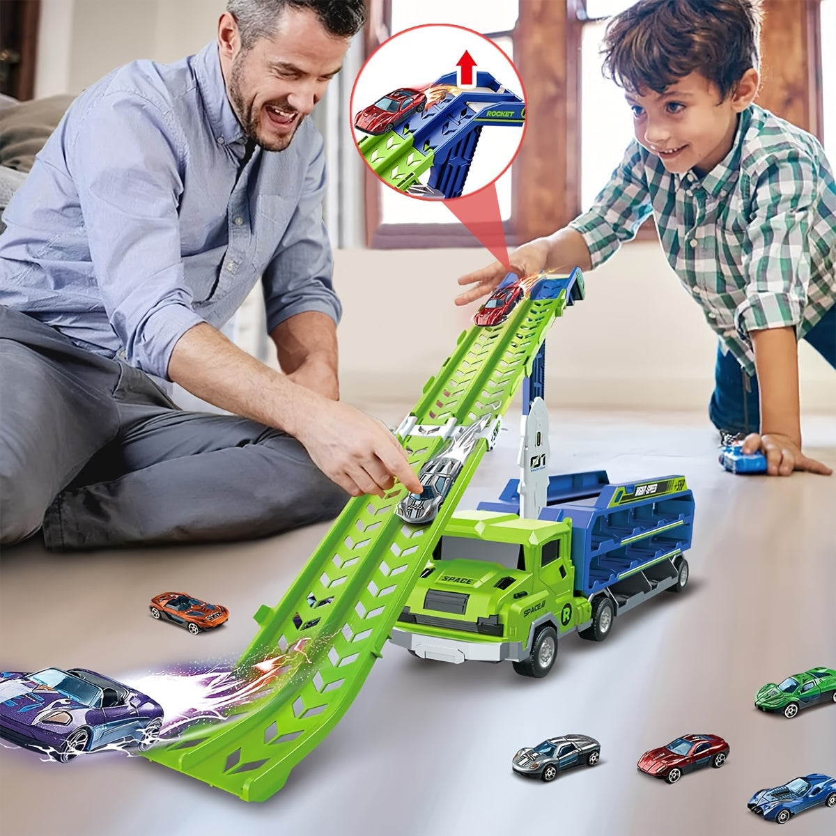 Circuit Dino avec Camion de Transport | Piste de Course et Voitures à Friction | Jouet Pliable pour Enfants 3+ | Matériau Durable ABS King of Toys