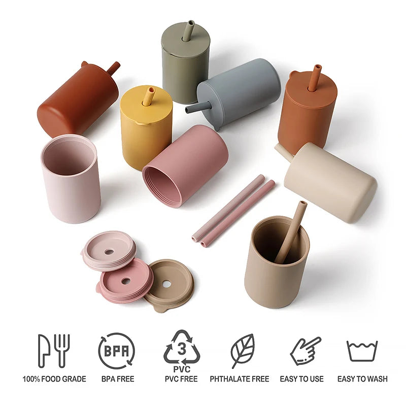 Tasse à paille pour bébé de 150ml Tasse à boire pour enfant de 5oz Tasse d'apprentissage en silicone pour bébé et enfant Tasse d'alimentation portable et pratique