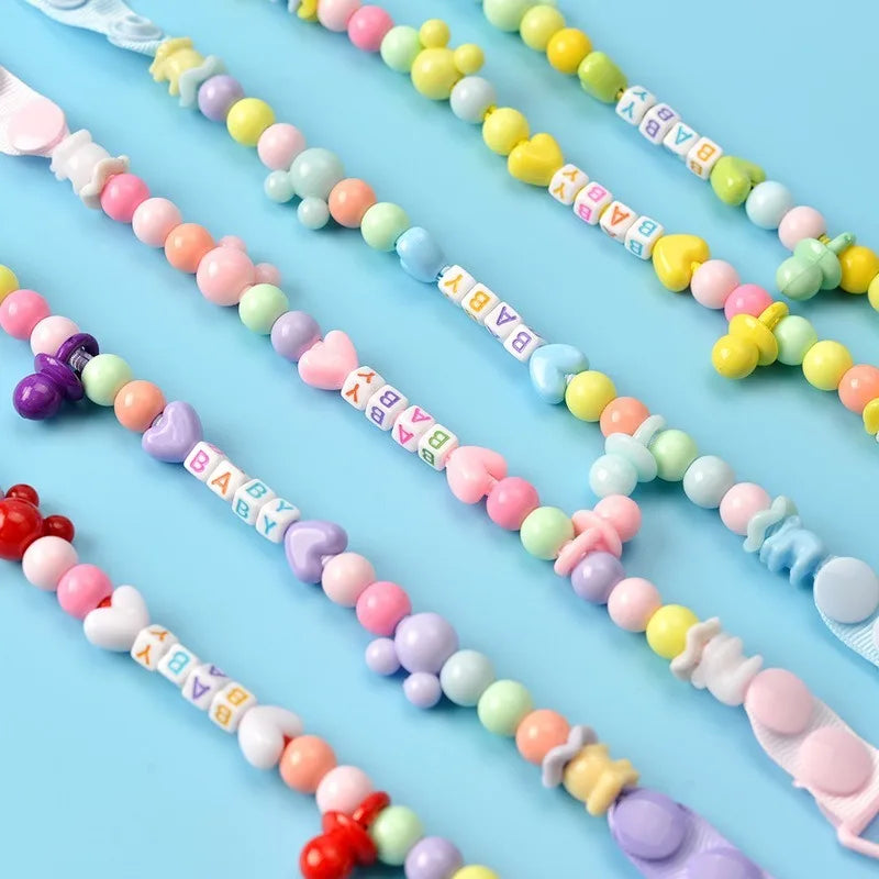 Attache-Sucette Tétine Chaîne de Perles en Silicone et Bois pour Bébé - Pince Universelle Anti-Chute pour Sucettes et Jouets de Dentition