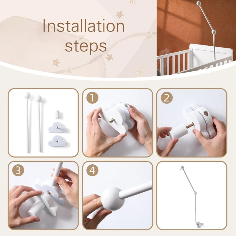 Support Mobile en Bois Nuage pour Bébé – Support de Berceau avec Hochets Suspendus 0-12 Mois