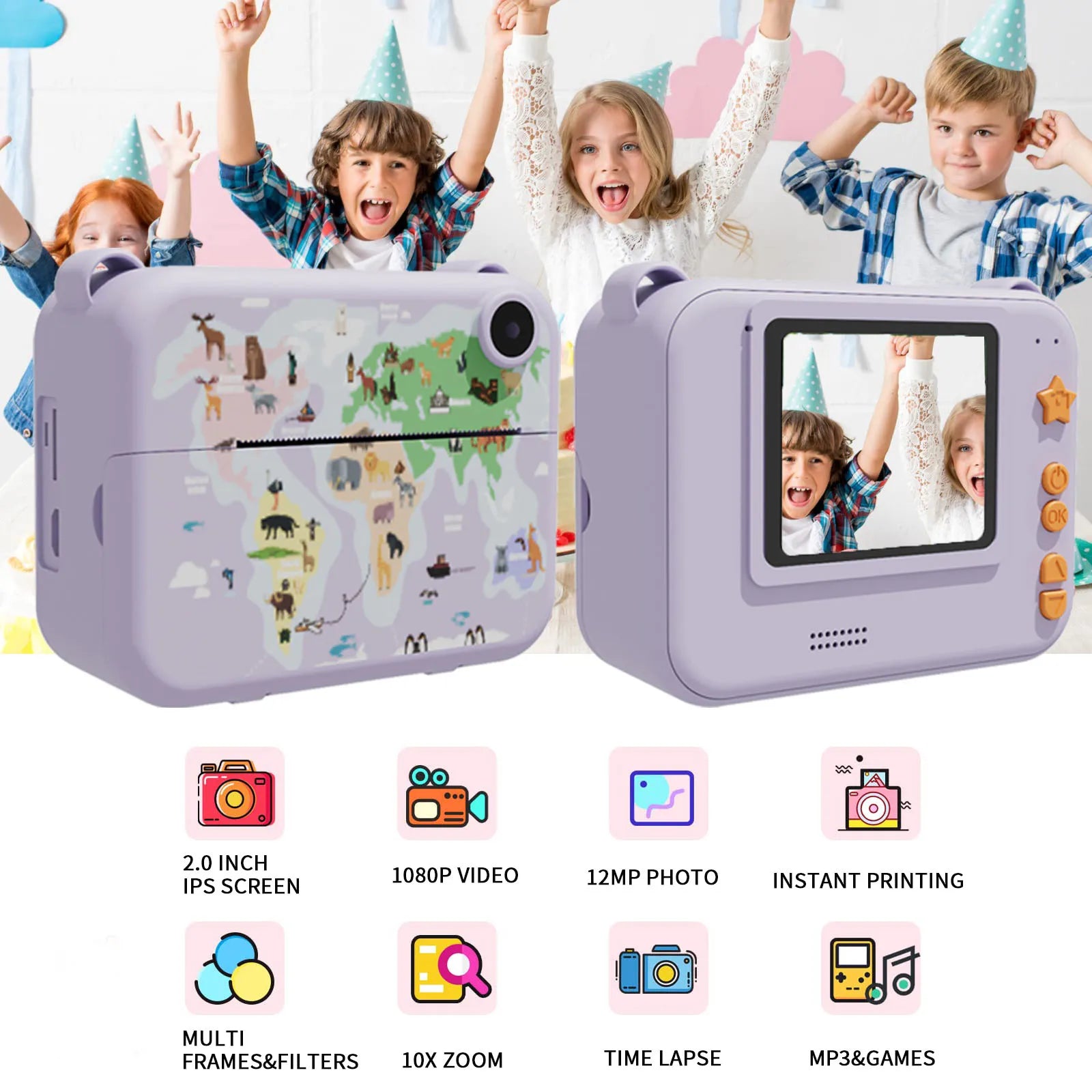 Appareil Photo Instantané Pour Enfants | Imprimante Photo Pour Enfants Avec 3 Rouleaux De Papier d'Impression 3-12 Ans