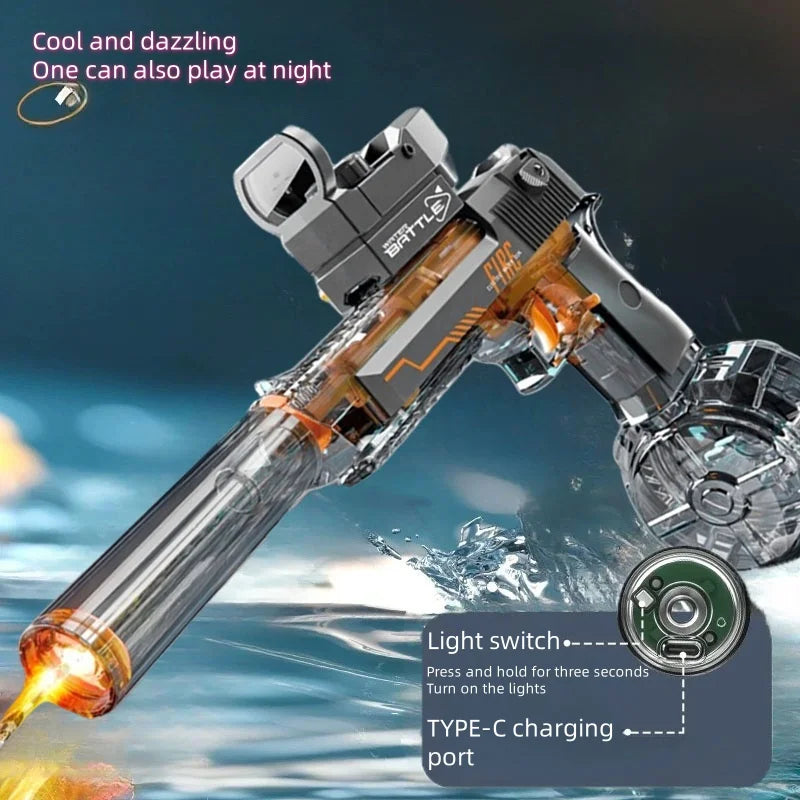 Pistolet à eau super électrique avec détection du débit d'eau, lumière, remplissage rapide de l'eau, jouet idéal pour les garçons et les filles.