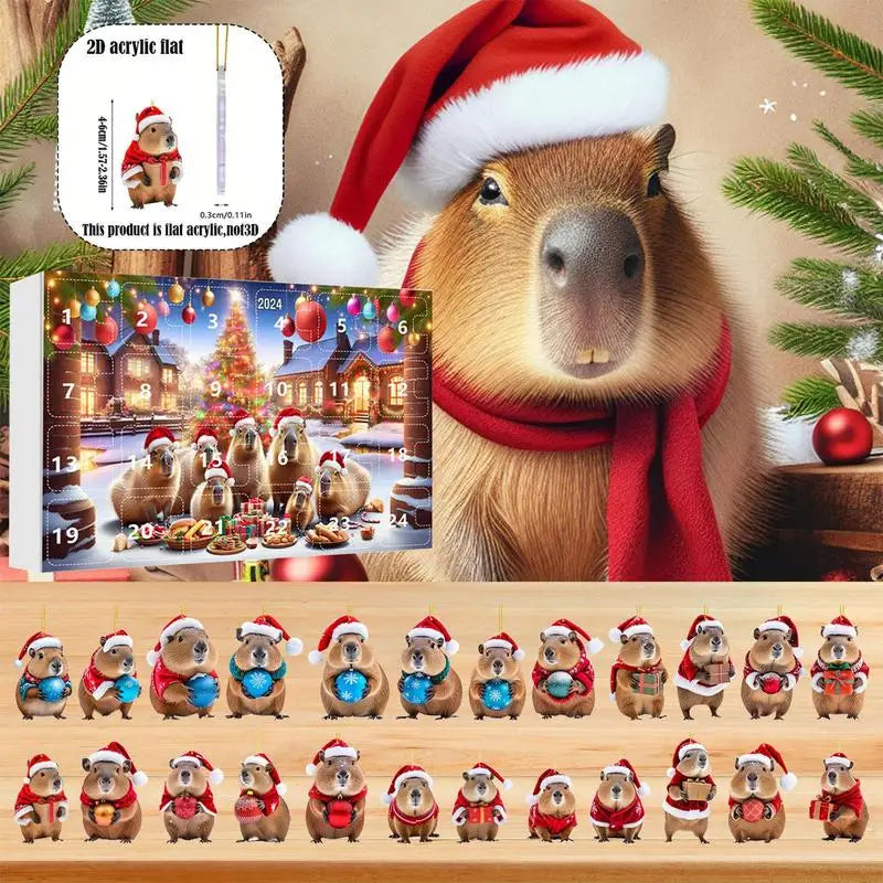 Calendrier de l'Avent Capybara 2024 | 24 Jours de Compte à Rebours avec Pendentifs en Acrylique Capybara 2D pour Sapin de Noël King of Toys