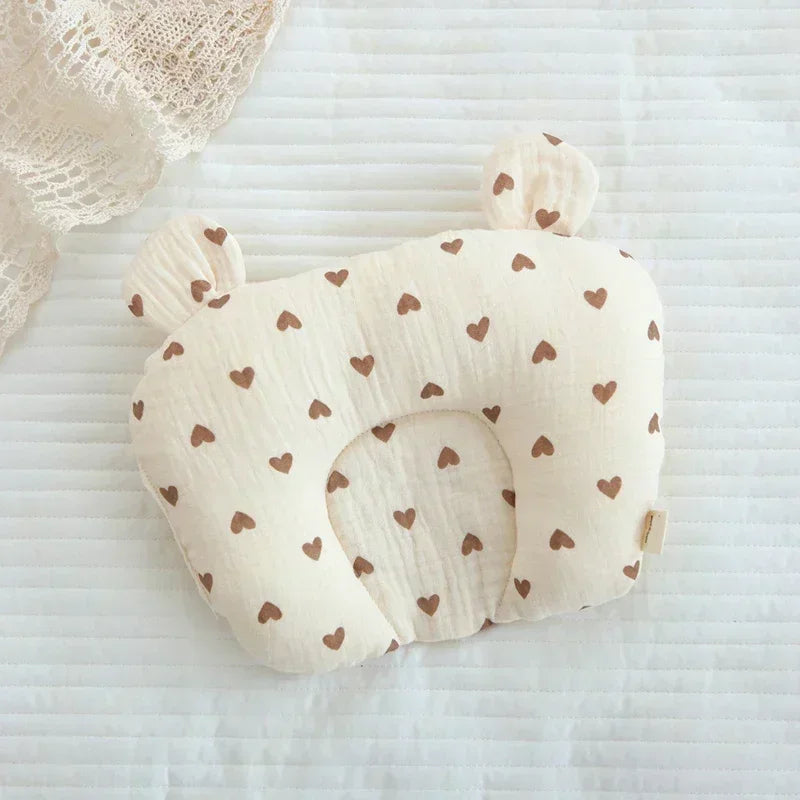 Oreiller Bébé Coton Forme en U pour Nouveau-Né - Coussin de Soutien de Sommeil Anti-Tête Plate Motif Ours Lapin