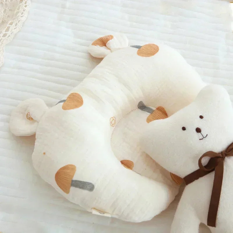 Oreiller Bébé Coton Forme en U pour Nouveau-Né - Coussin de Soutien de Sommeil Anti-Tête Plate Motif Ours Lapin