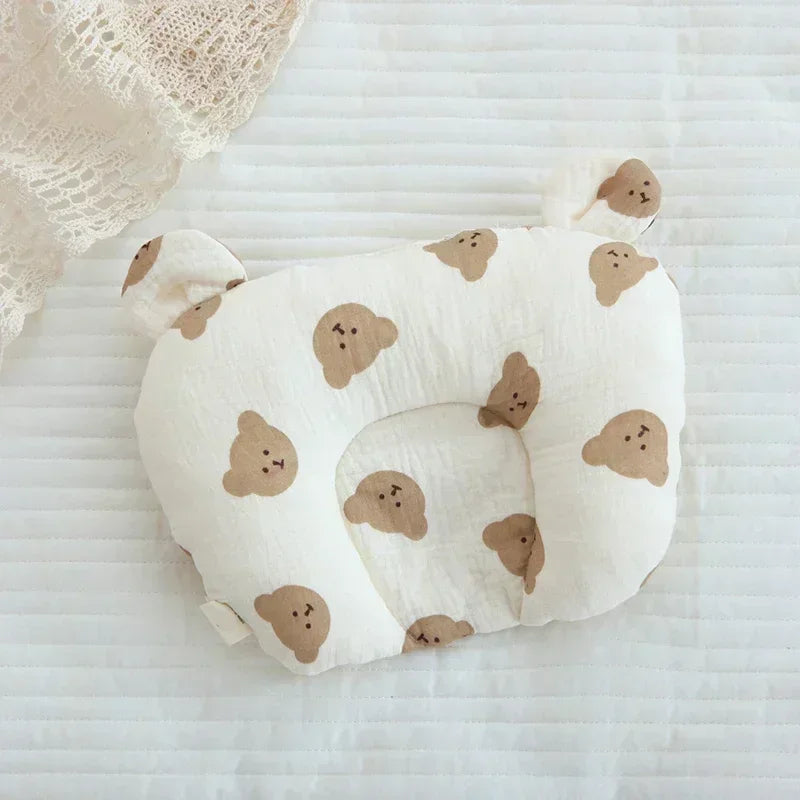 Oreiller Bébé Coton Forme en U pour Nouveau-Né - Coussin de Soutien de Sommeil Anti-Tête Plate Motif Ours Lapin