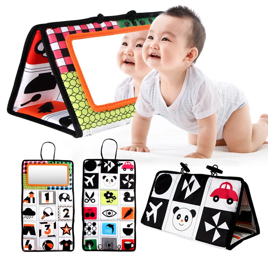 Livre d'Éveil Bébé Pliable avec Miroir – Jouet Tapis Temps sur le Ventre et Développement Visuel