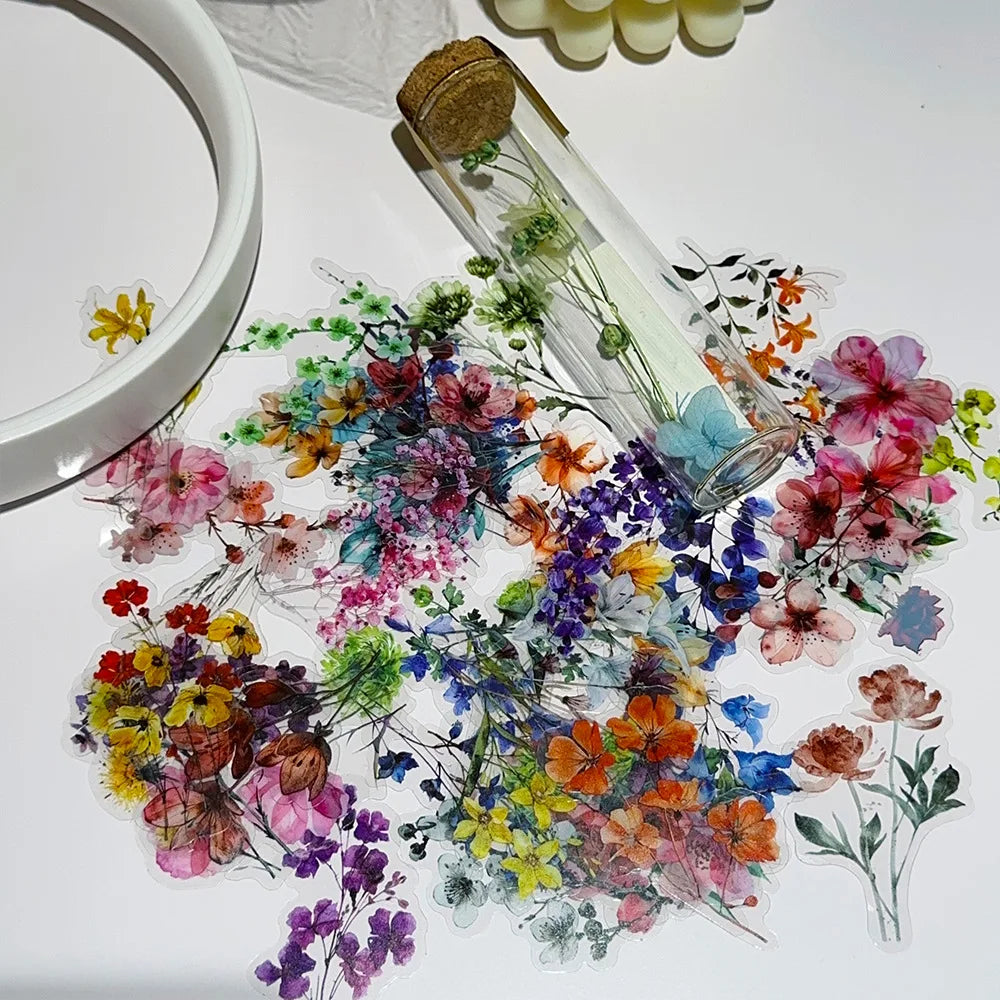 50 Transparante Stickers | Waterdichte Cartoon & Bloemen Stickerset