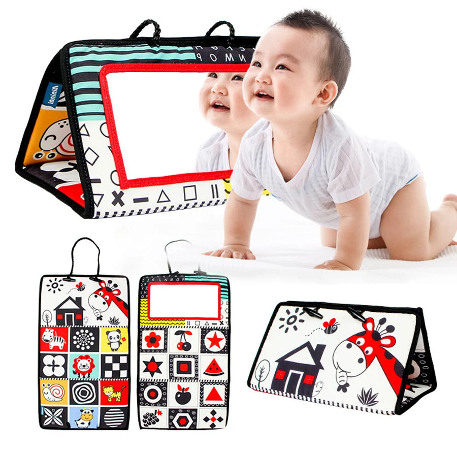 Livre d'Éveil Bébé Pliable avec Miroir – Jouet Tapis Temps sur le Ventre et Développement Visuel