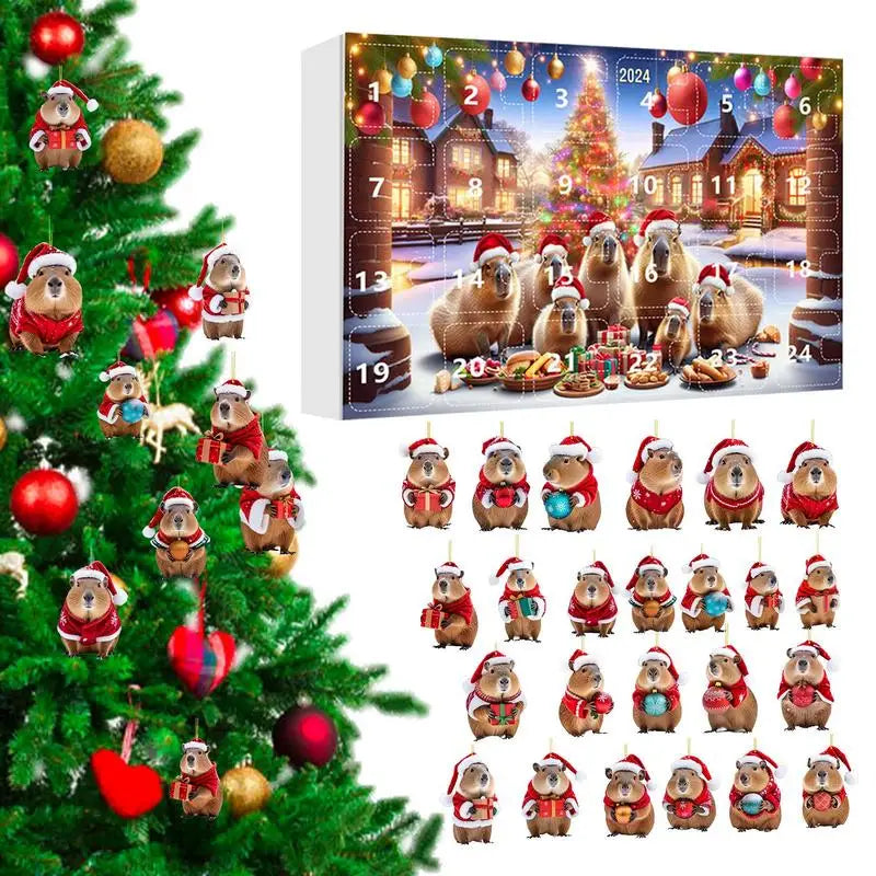 Calendrier de l'Avent Capybara 2024 | 24 Jours de Compte à Rebours avec Pendentifs en Acrylique Capybara 2D pour Sapin de Noël King of Toys