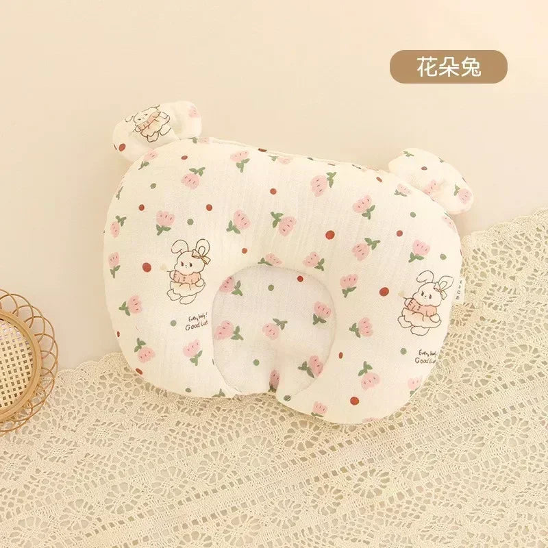 Oreiller Bébé Coton Forme en U pour Nouveau-Né - Coussin de Soutien de Sommeil Anti-Tête Plate Motif Ours Lapin