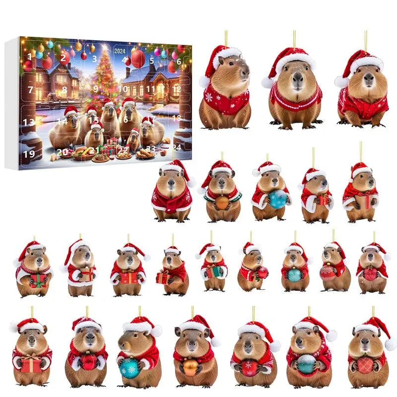 Calendrier de l'Avent Capybara 2024 | 24 Jours de Compte à Rebours avec Pendentifs en Acrylique Capybara 2D pour Sapin de Noël King of Toys