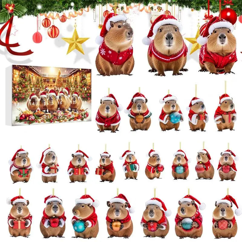 Calendrier de l'Avent Capybara 2024 | 24 Jours de Compte à Rebours avec Pendentifs en Acrylique Capybara 2D pour Sapin de Noël King of Toys