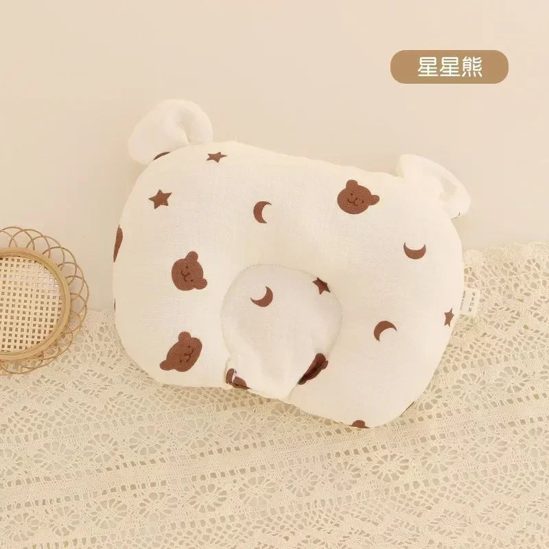 Oreiller Bébé Coton Forme en U pour Nouveau-Né - Coussin de Soutien de Sommeil Anti-Tête Plate Motif Ours Lapin