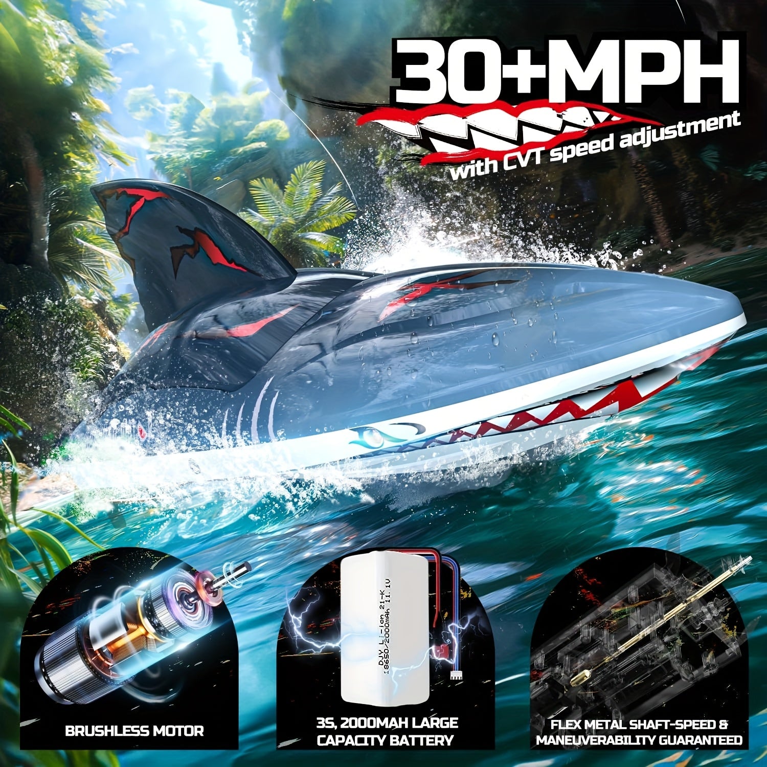 SharkWave Bateau RC 30KM/H – Moteur brushless ultra-rapide avec LED, jouet de course étanche 2.4GHz