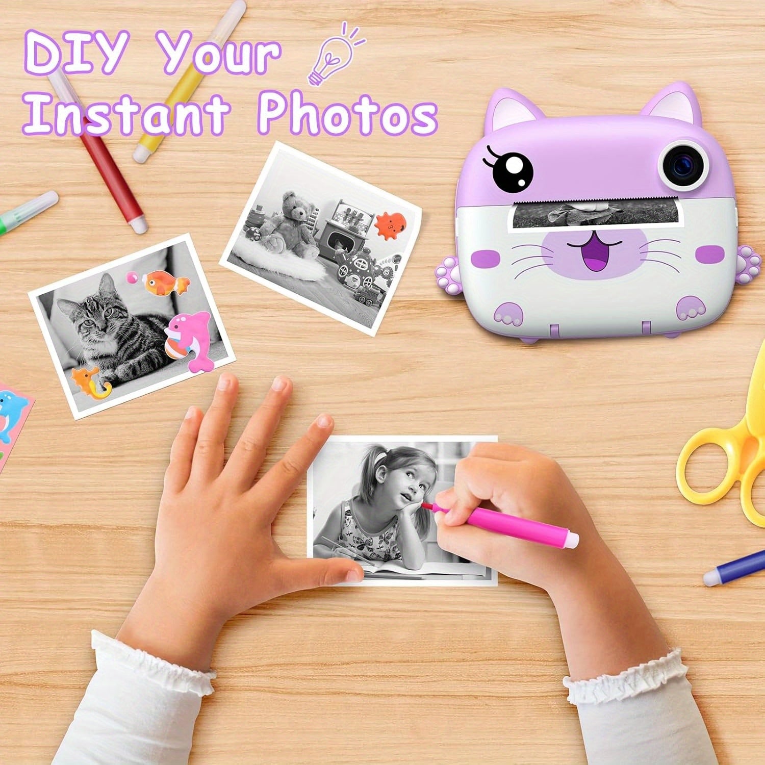 Instant Print Camera en Videocamera voor Kinderen vanaf 3 Jaar - Dual-Lens Printcamera met Selfie Functie en 32GB Kaart - Schattige Kat Speelgoedcamera
