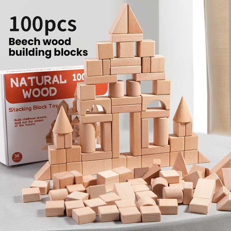100 Blocs de Construction en Bois de Hêtre pour Enfants 3-12 Ans - Jeu Éducatif en Bois Massif pour l'Intelligence et la Créativité - Idéal Cadeau Noël Anniversaire