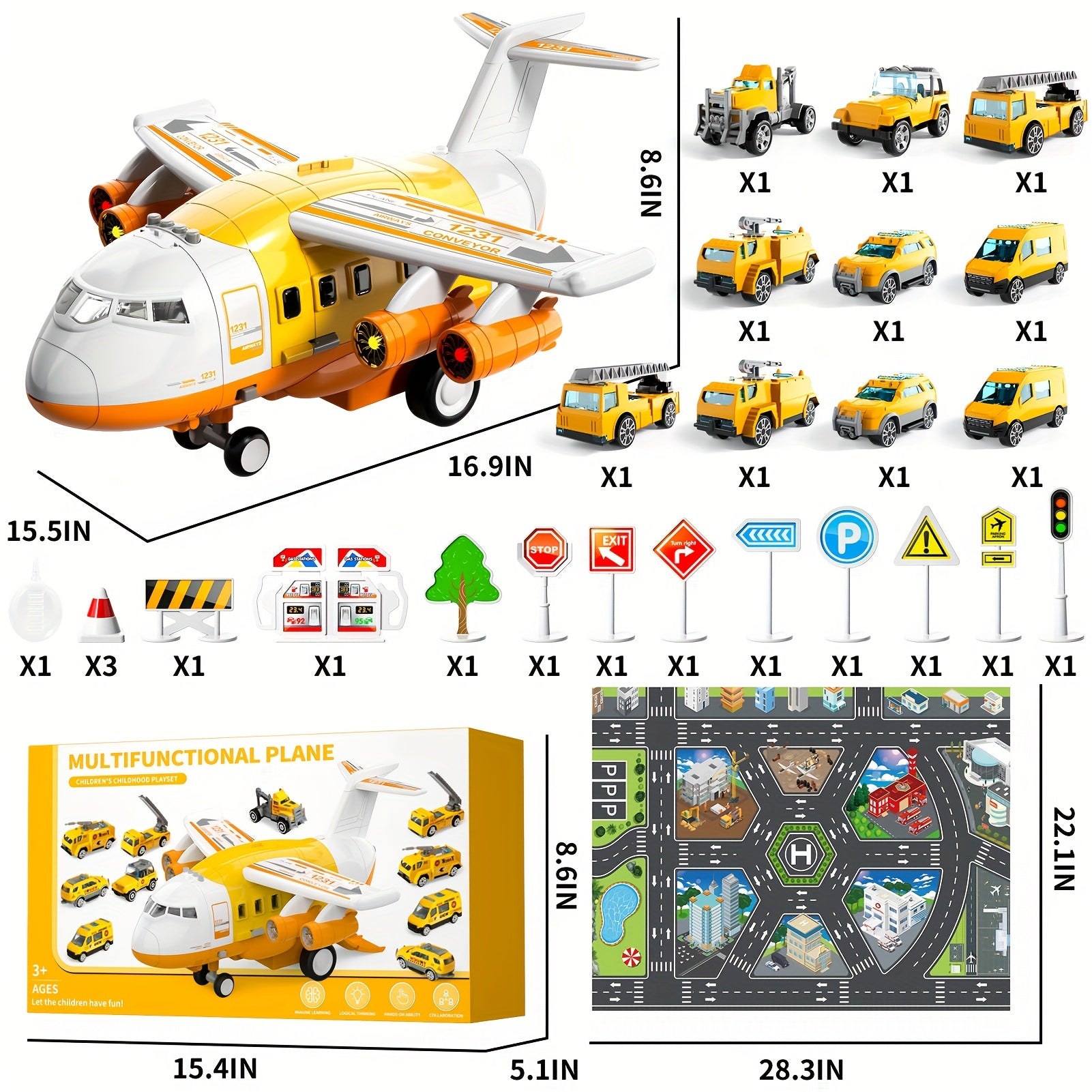 Avion Jouet pour Enfants de 3 Ans | Avion de Transport Grand Modèle avec 10 Voitures | Cadeau de Noël et Halloween | Jouet Éducatif et Fun pour Enfants King of Toys