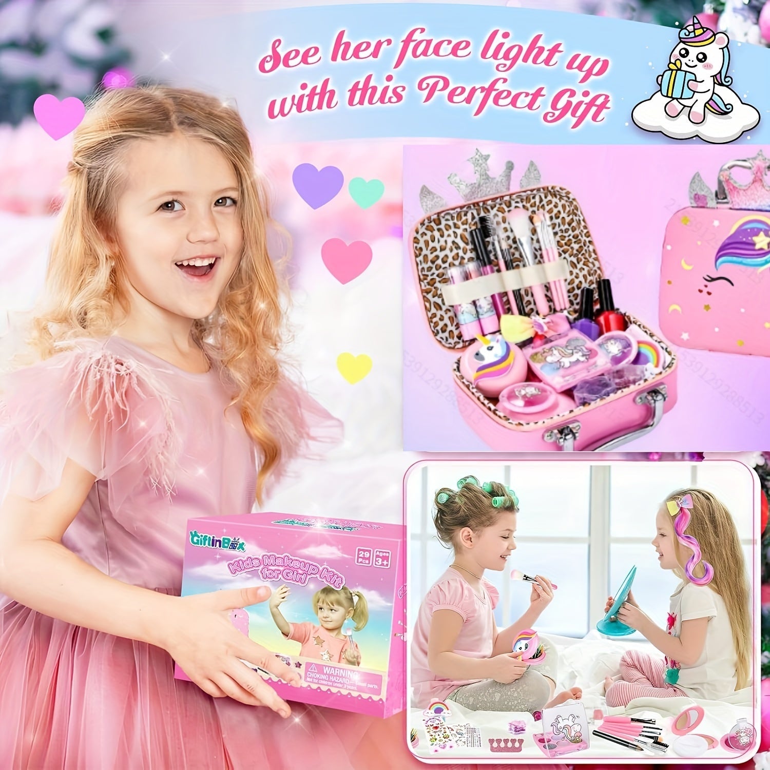 Kit de Maquillage pour Enfants - Maquillage Lavable avec Sac Licorne - Pour Filles de 3 à 12 Ans - Idéal pour Jeux d'Imitation & Cadeaux d'Anniversaire ou Noël King of Toys