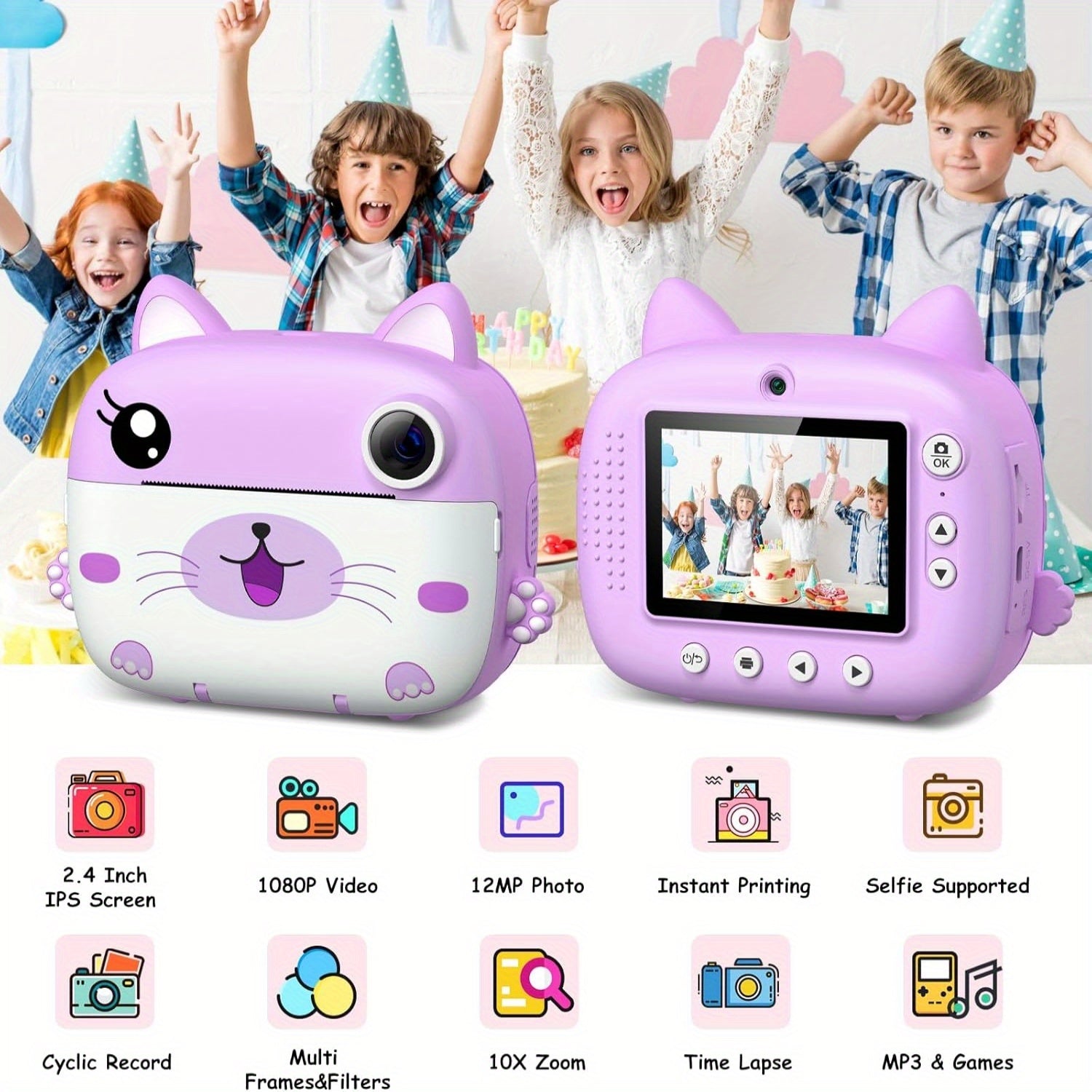 Instant Print Camera en Videocamera voor Kinderen vanaf 3 Jaar - Dual-Lens Printcamera met Selfie Functie en 32GB Kaart - Schattige Kat Speelgoedcamera