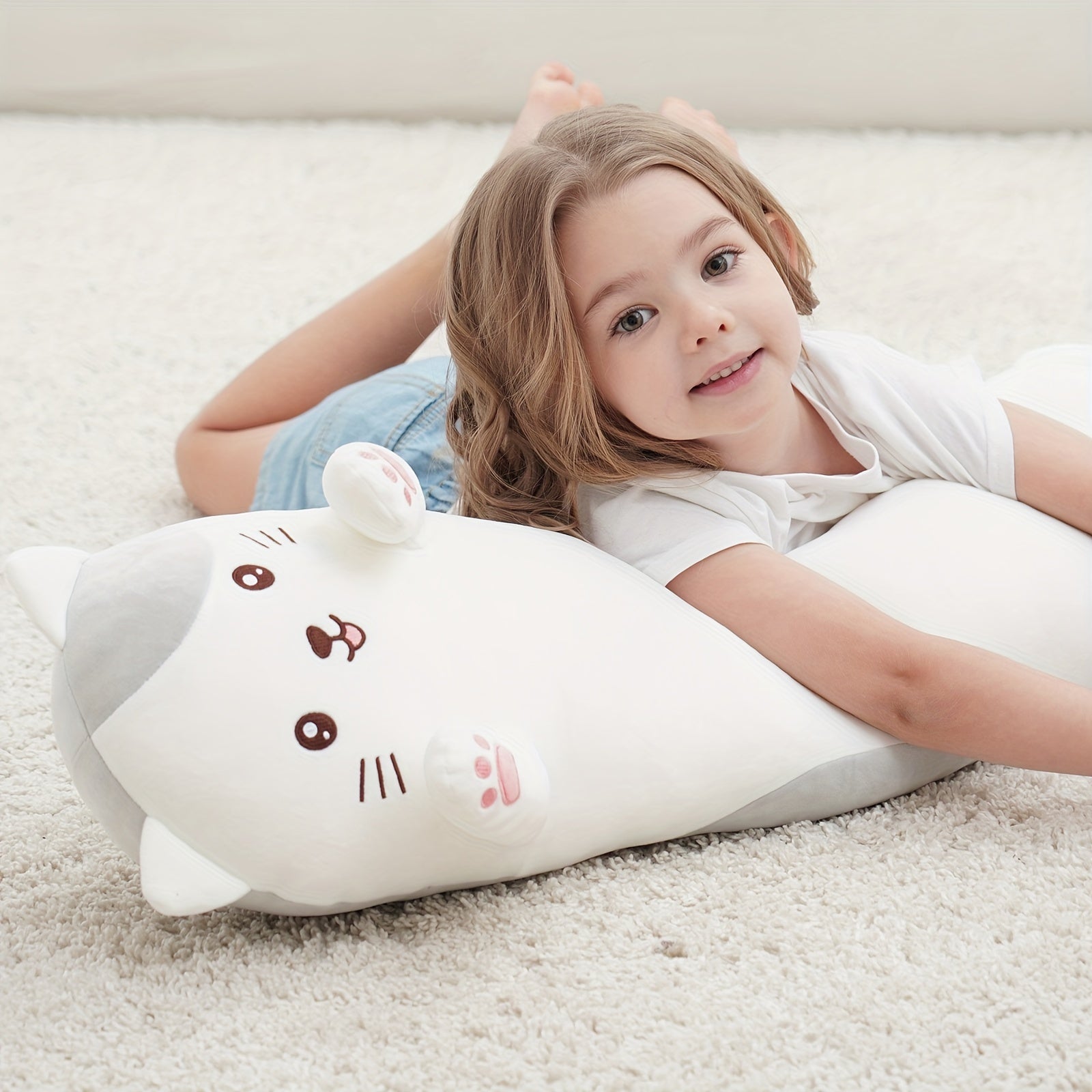 Coussin Long en Peluche Chat | Peluche Animée Chaton pour Câlins, Jouet Cadeau pour Enfants, Cadeau de Noël