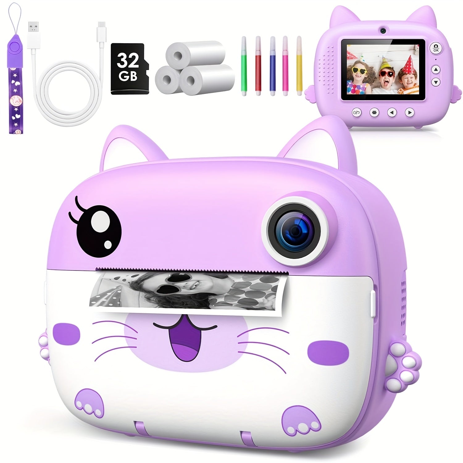 Instant Print Camera en Videocamera voor Kinderen vanaf 3 Jaar - Dual-Lens Printcamera met Selfie Functie en 32GB Kaart - Schattige Kat Speelgoedcamera