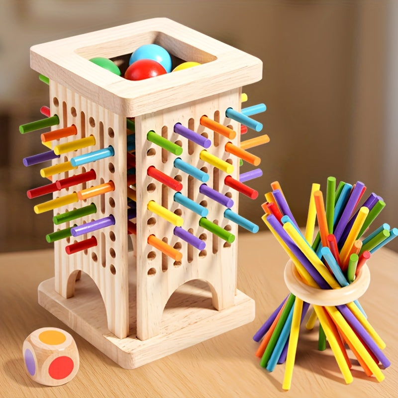 Jeu d'Adresse en Bois 3-en-1 "Tour à Bâtonnets" pour Enfants 3 Ans et Plus - Jeu de Réflexion et Sensoriel pour la Motricité Fine et les Couleurs