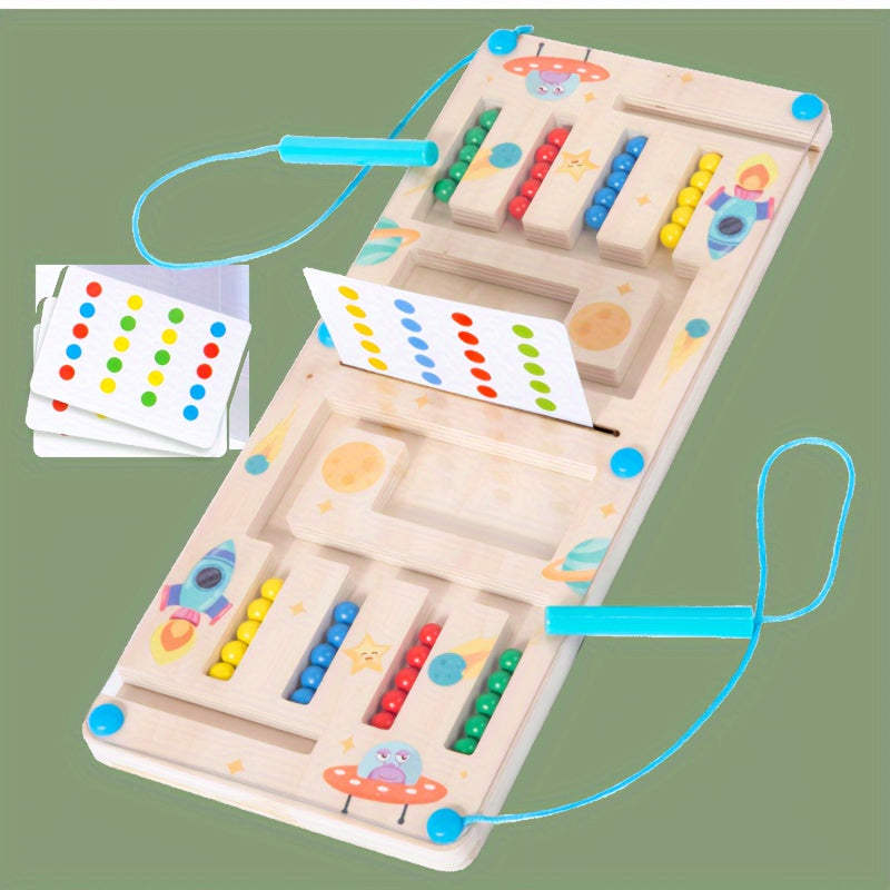 Jeu de Labyrinthe Magnétique en Bois pour Enfants 3 Ans et Plus - Puzzle Logique "Espace" avec Billes Colorées - Jouet Éducatif pour la Concentration