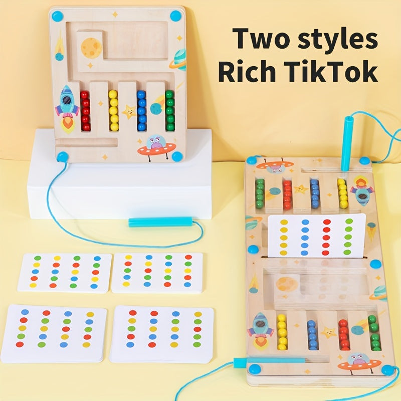 Jeu de Labyrinthe Magnétique en Bois pour Enfants 3 Ans et Plus - Puzzle Logique "Espace" avec Billes Colorées - Jouet Éducatif pour la Concentration