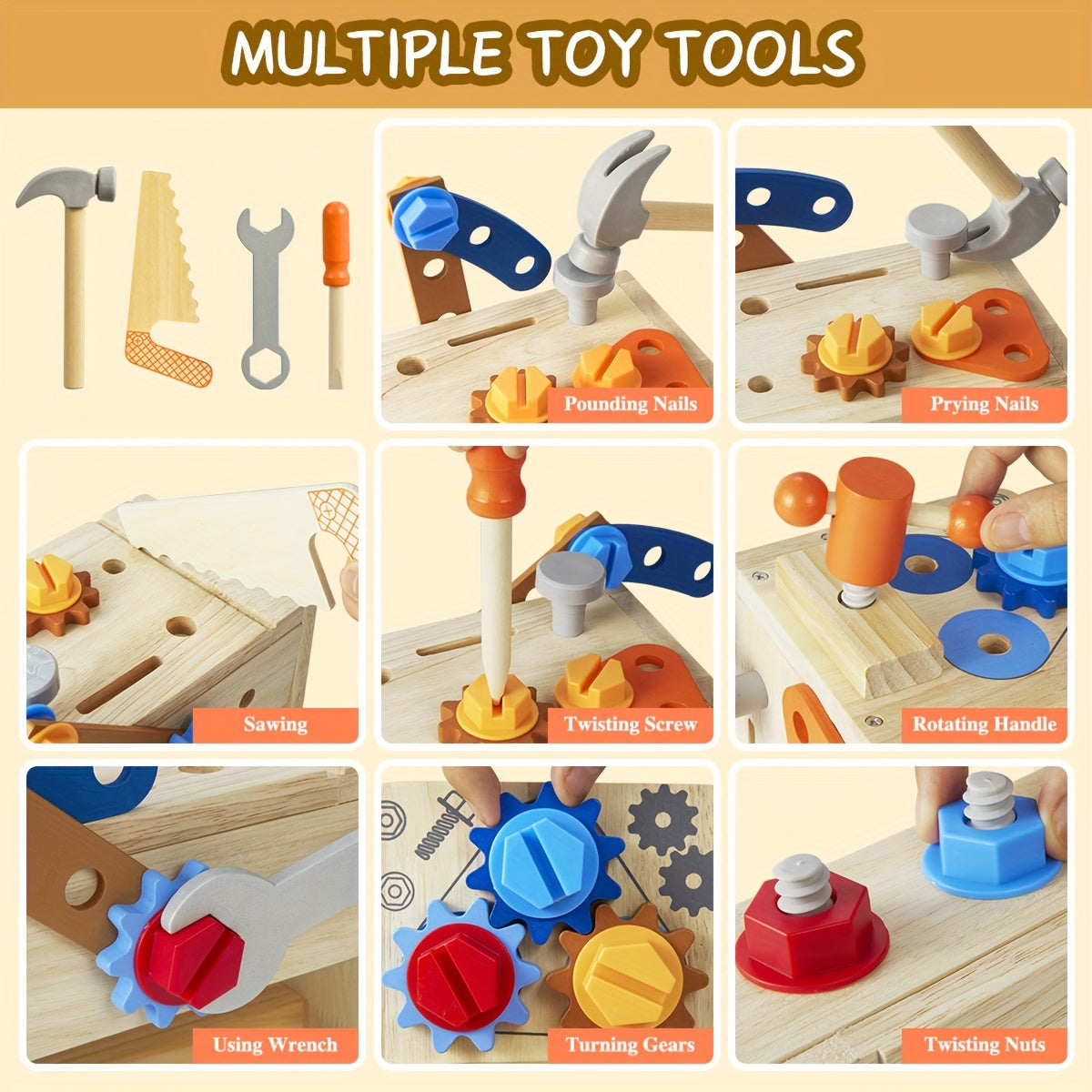 Établi d'Outils en Bois Montessori pour Enfants 3 Ans et Plus - Kit de Construction STEM 39 Pièces avec Boîte à Outils et Tablier - Cadeau Anniversaire Garçon Fille