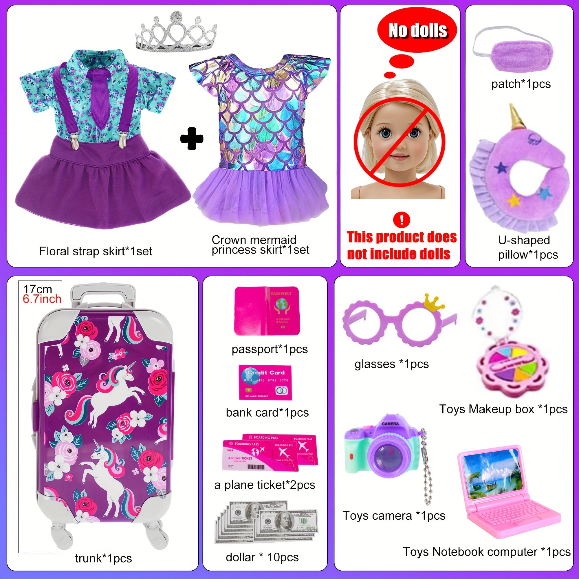 Set de 25 Accessoires pour Poupée Américaine 18 pouces - Valise, Coussin, Caméra et Lunettes de Soleil - Cadeau Idéal pour Enfants King of Toys