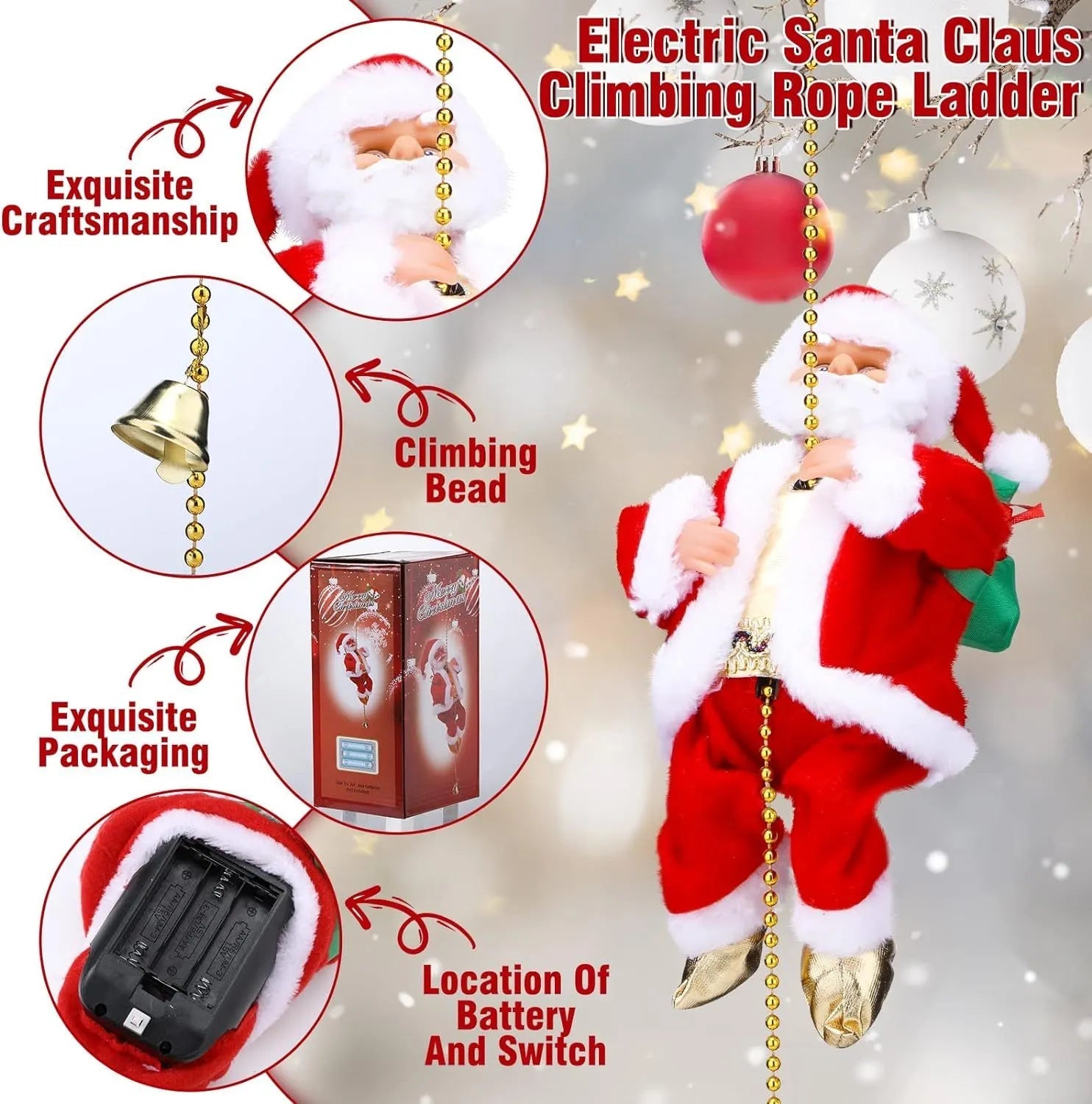 Père Noël Électrique Escaladeur avec Musique | Jouets Ornements de Cadeau Poupée Suspendus Décorations King of Toys