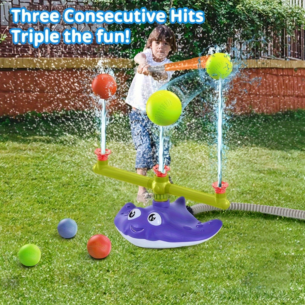 Jeu d’Arrosage 4-en-1 Base-ball & Lance-fusée pour Enfants | Jouet d’eau extérieur avec 3 jets, arroseur rotatif 360°, 3 fusées | Activité d’Été pour Jardin et Piscine