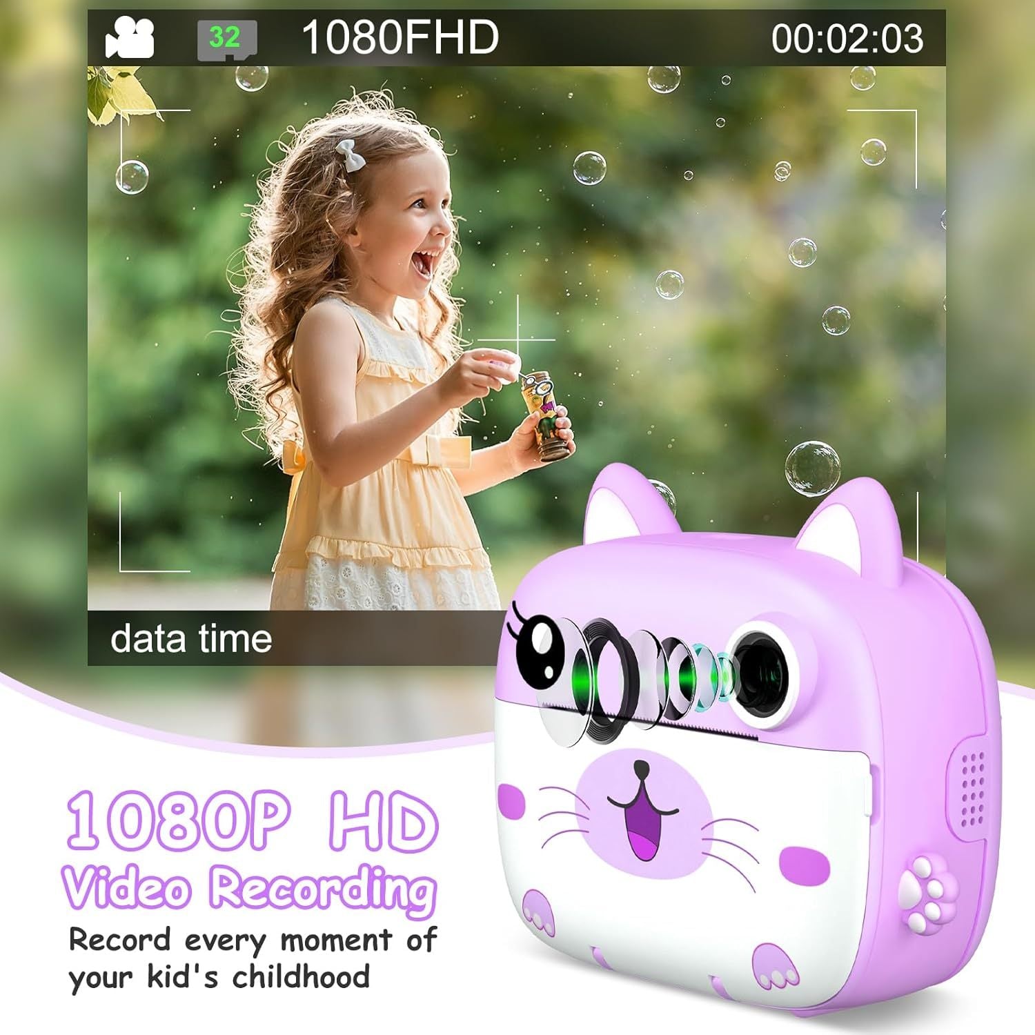 Instant Print Camera en Videocamera voor Kinderen vanaf 3 Jaar - Dual-Lens Printcamera met Selfie Functie en 32GB Kaart - Schattige Kat Speelgoedcamera