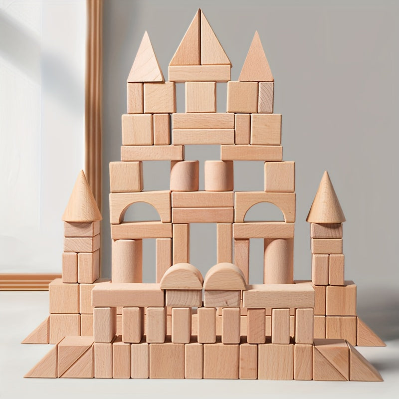 100 Blocs de Construction en Bois de Hêtre pour Enfants 3-12 Ans - Jeu Éducatif en Bois Massif pour l'Intelligence et la Créativité - Idéal Cadeau Noël Anniversaire