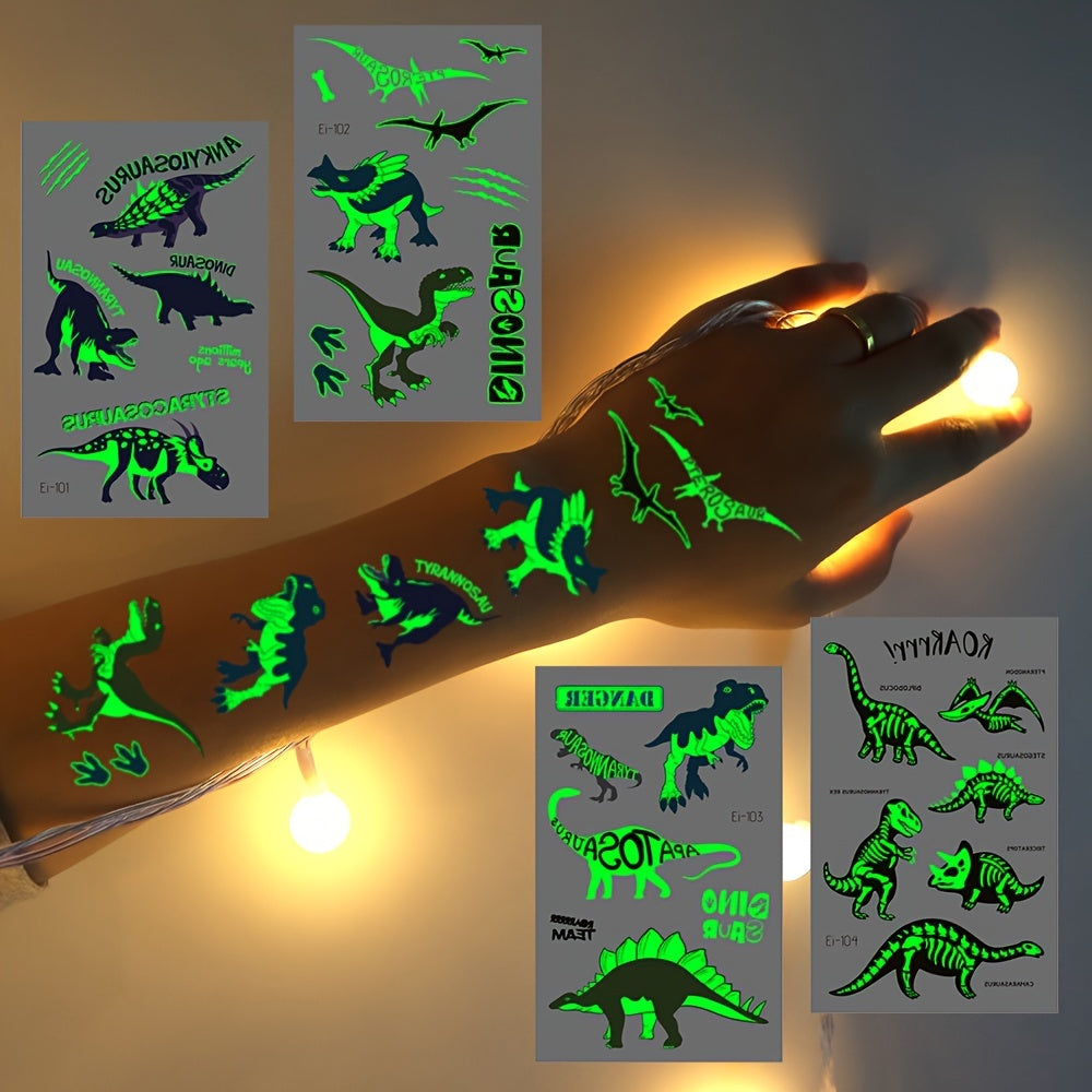 24 Feuilles de Tatouages Temporaires Lumineux de Dinosaures, Brillent dans le Noir, Parfaits pour Fêtes, Anniversaires, Halloween, et Décorations de Jungle King of Toys