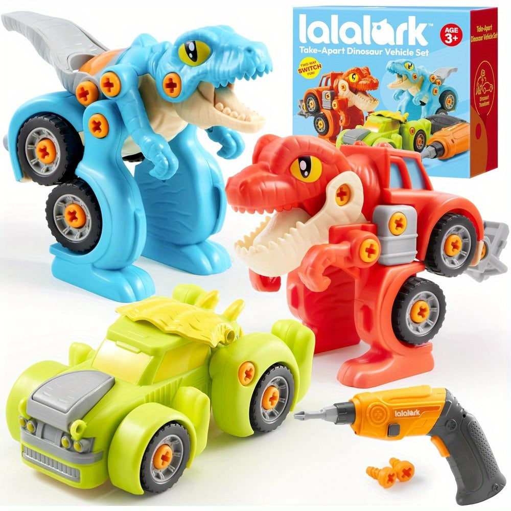 3 Pack Jouets dinosaures à démonter avec perceuse électrique | Jouets de construction transformables, interrupteur bidirectionnel, voitures jouets pour les garçons de plus de 3 ans