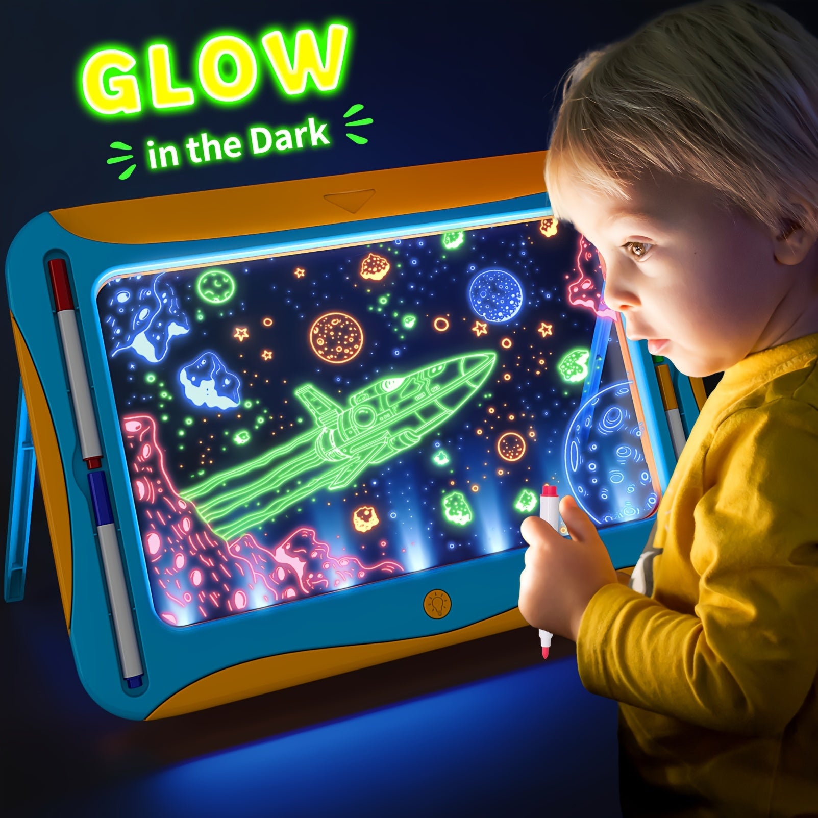 Tablette de dessin lumineuse LED | Planche à dessin magique avec 9 cartes recto-verso & 6 marqueurs – Jouet éducatif pour filles et garçons de 3 à 8 ans