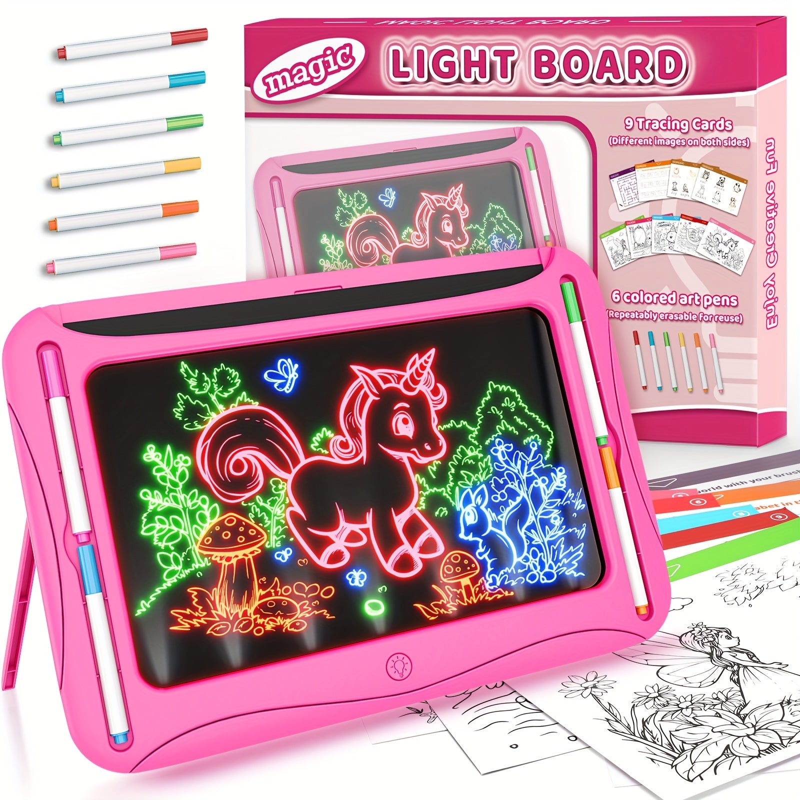 Tablette de dessin lumineuse LED | Planche à dessin magique avec 9 cartes recto-verso & 6 marqueurs – Jouet éducatif pour filles et garçons de 3 à 8 ans