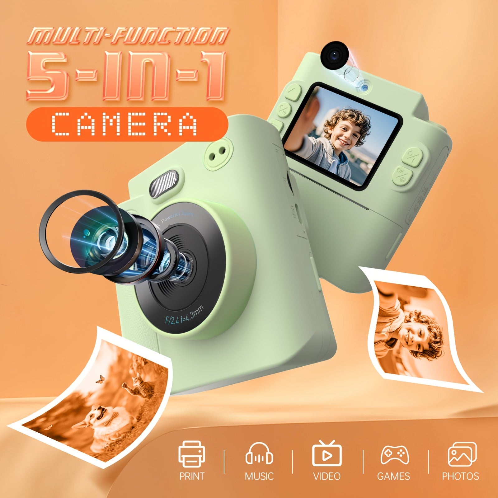 Appareil Photo Instantané Numérique 5-en-1 pour Enfants - Caméra Multifonction avec Vidéo, Musique et Jeux - Cadeau Surprise pour Garçons et Filles