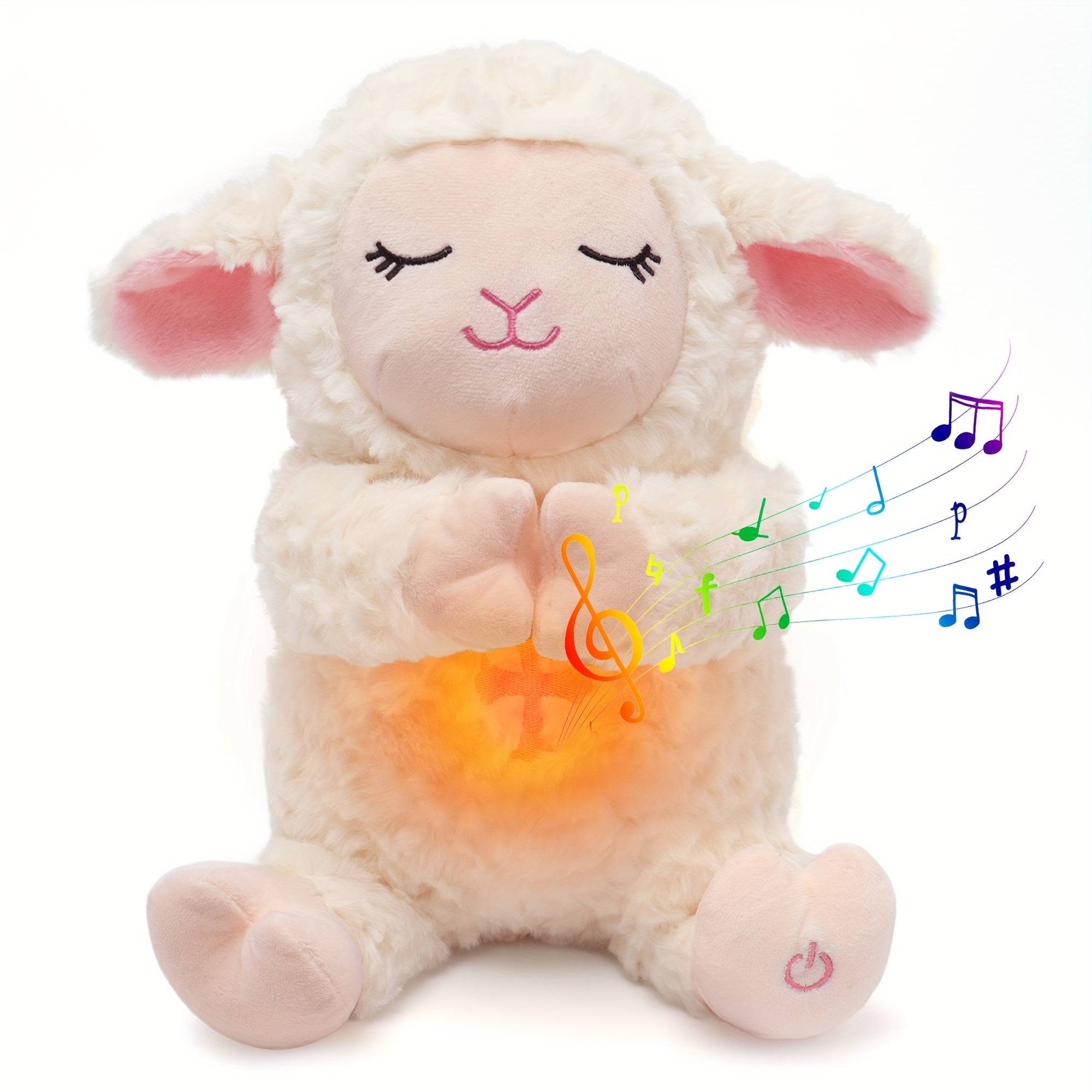 Agneau en Peluche Musical & Respirant – 8 Mélodies Douces, Bruit Blanc, Veilleuse & Volume Réglable | Cadeau de Naissance