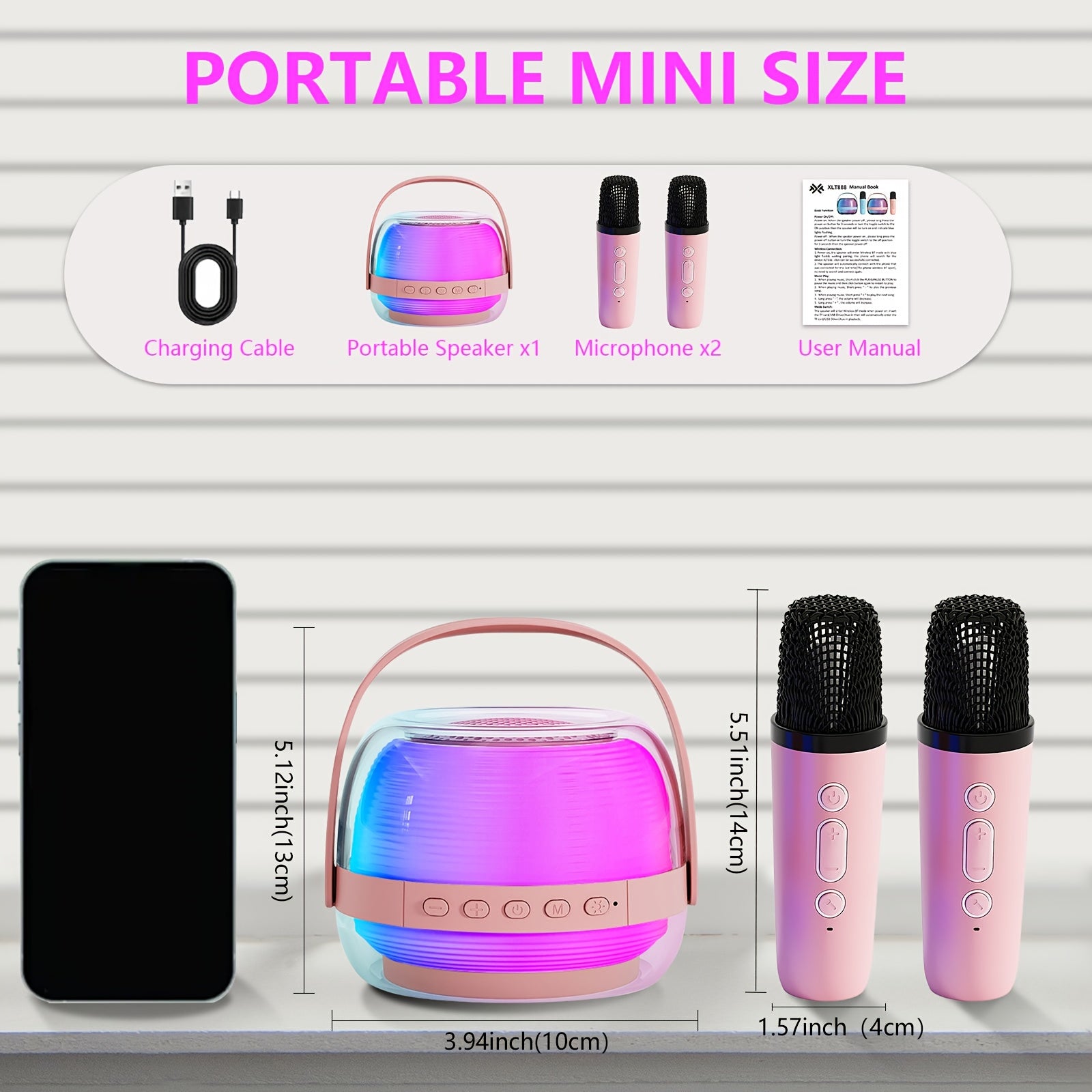 Mini Machine de Karaoké Portable avec 2 Microphones Sans Fil - Enceinte Bluetooth LED d'Ambiance pour Adultes et Fêtes