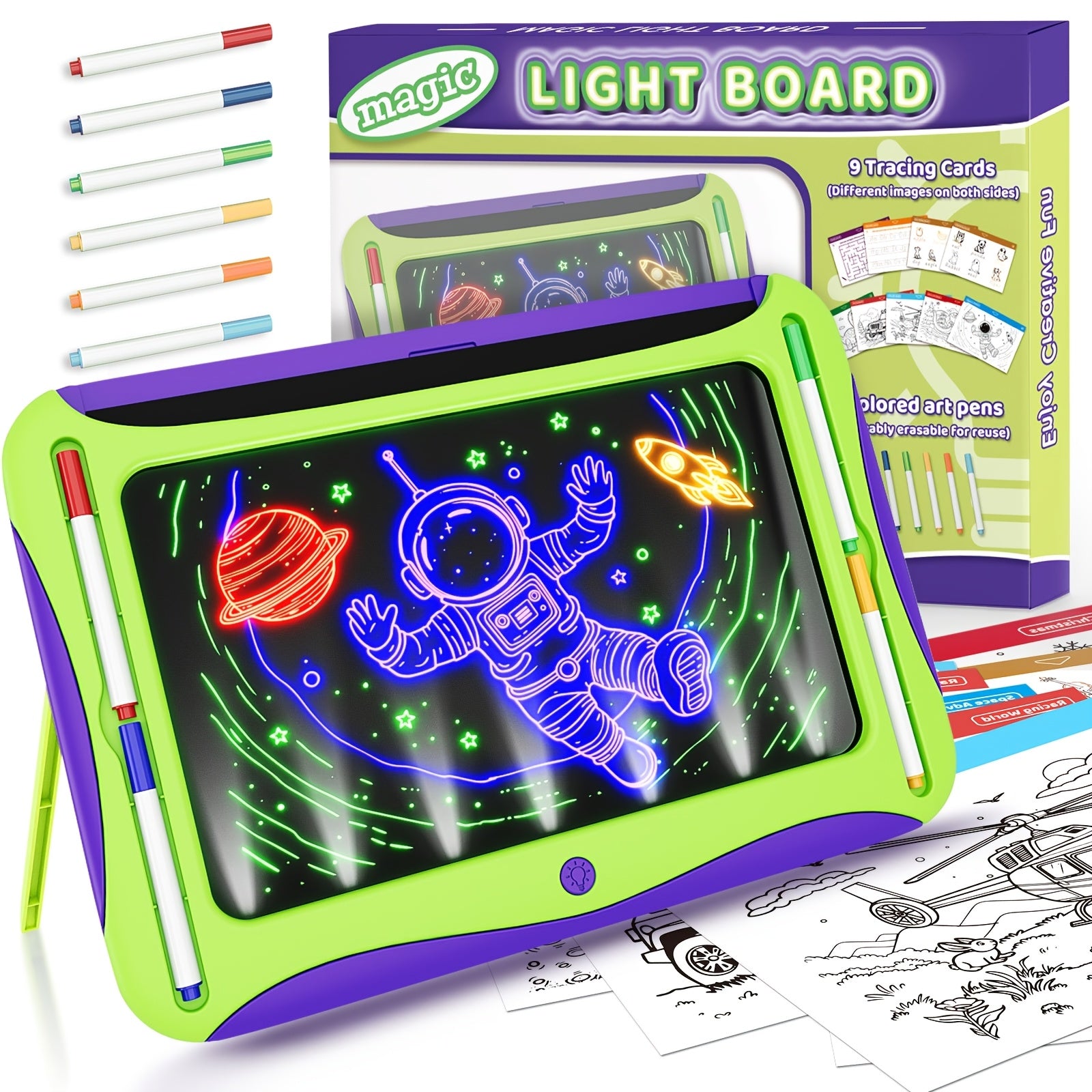 Tablette de dessin lumineuse LED | Planche à dessin magique avec 9 cartes recto-verso & 6 marqueurs – Jouet éducatif pour filles et garçons de 3 à 8 ans